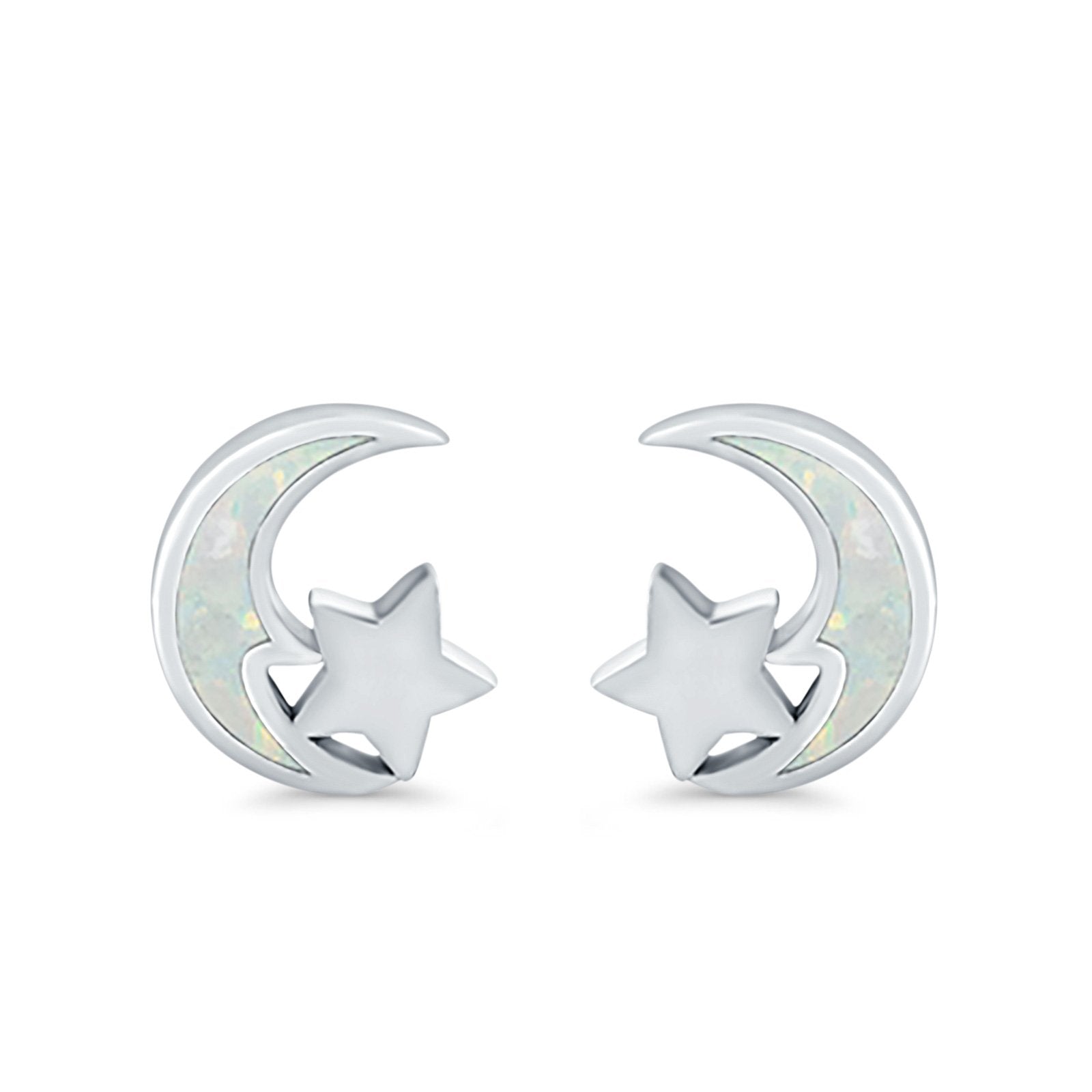 Moon & Star Stud Earrings Created Opal 925 Sterling Silver (8mm)