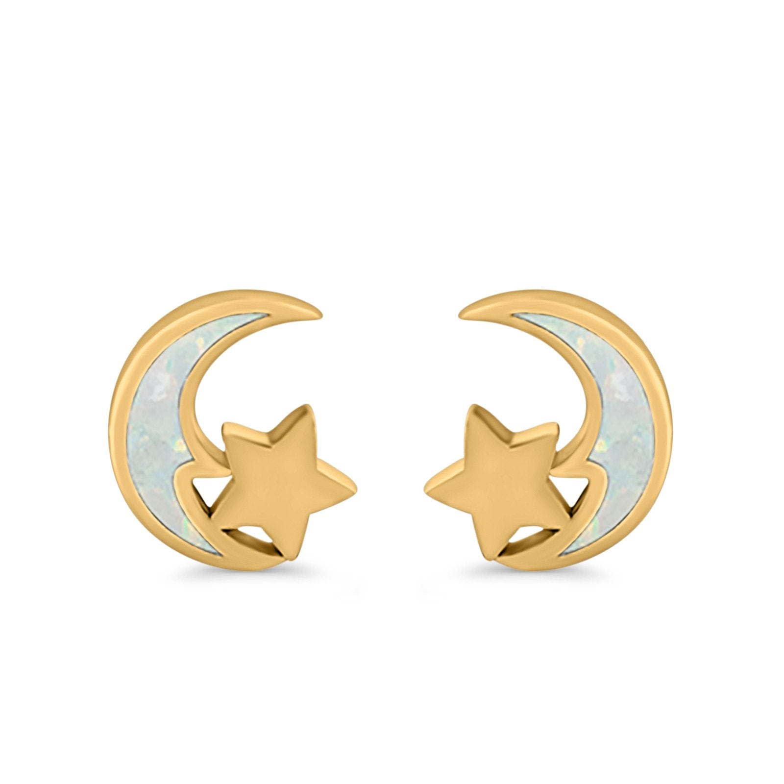 Moon & Star Stud Earrings Created Opal 925 Sterling Silver (8mm)