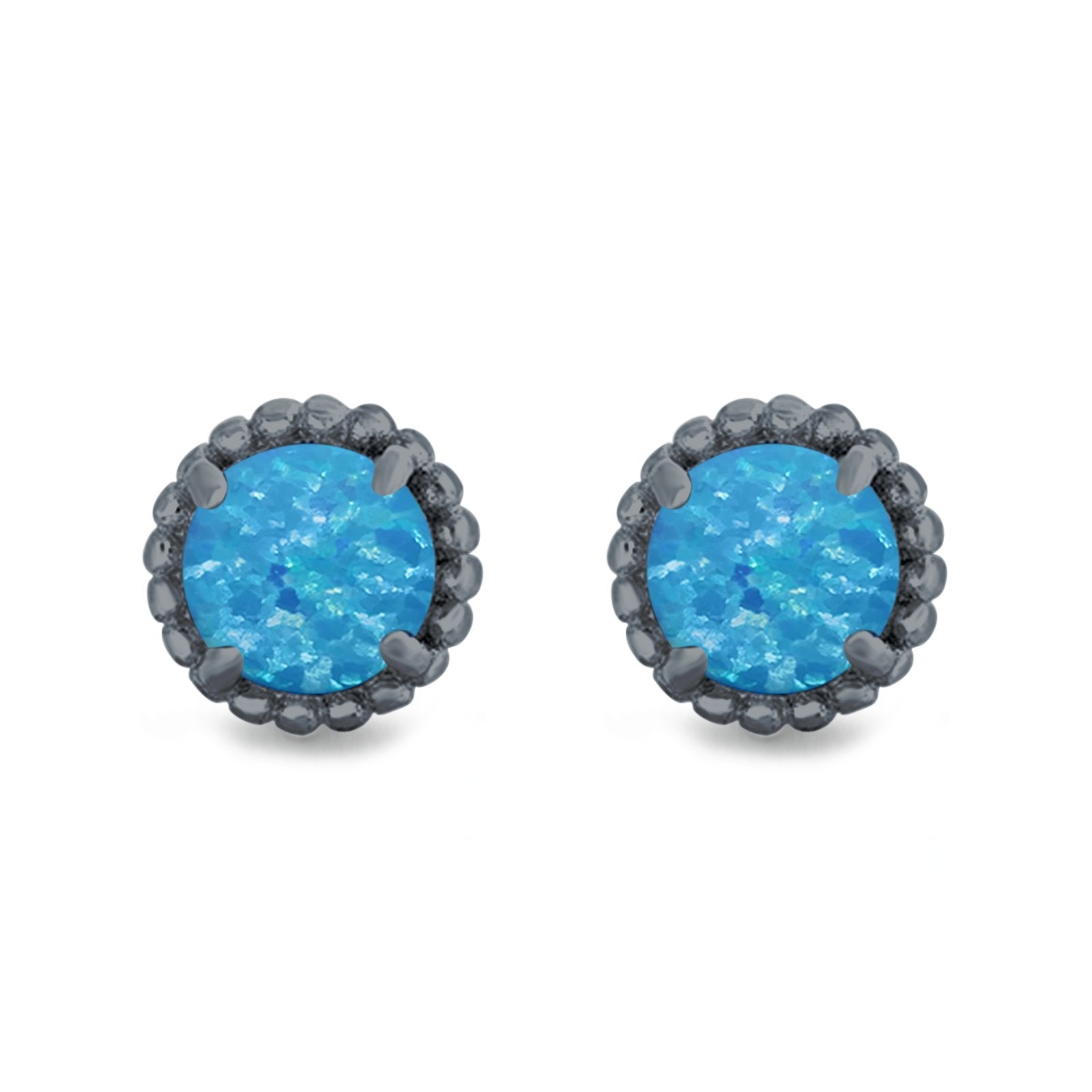 Round Stud Earrings Lab Created Opal 925 Sterling Silver (7mm)