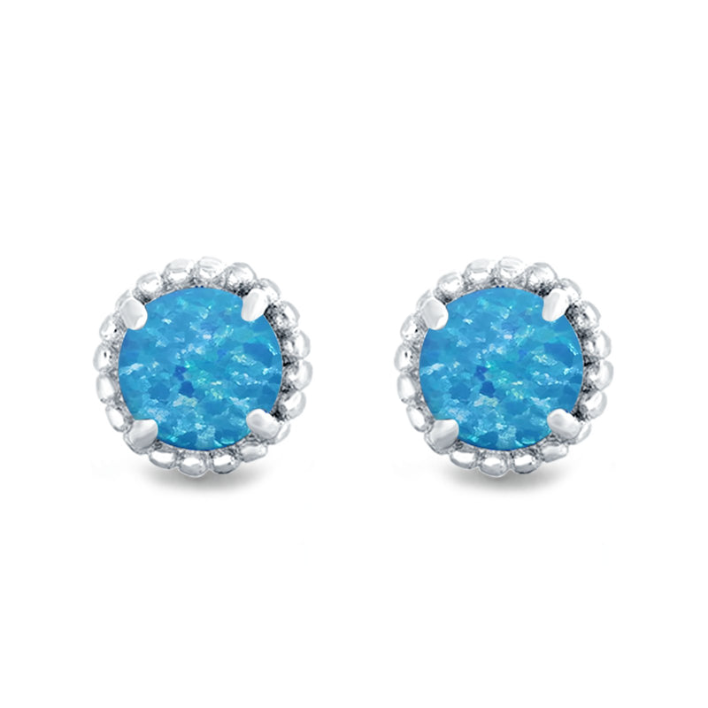 Round Stud Earrings Lab Created Opal 925 Sterling Silver (7mm)