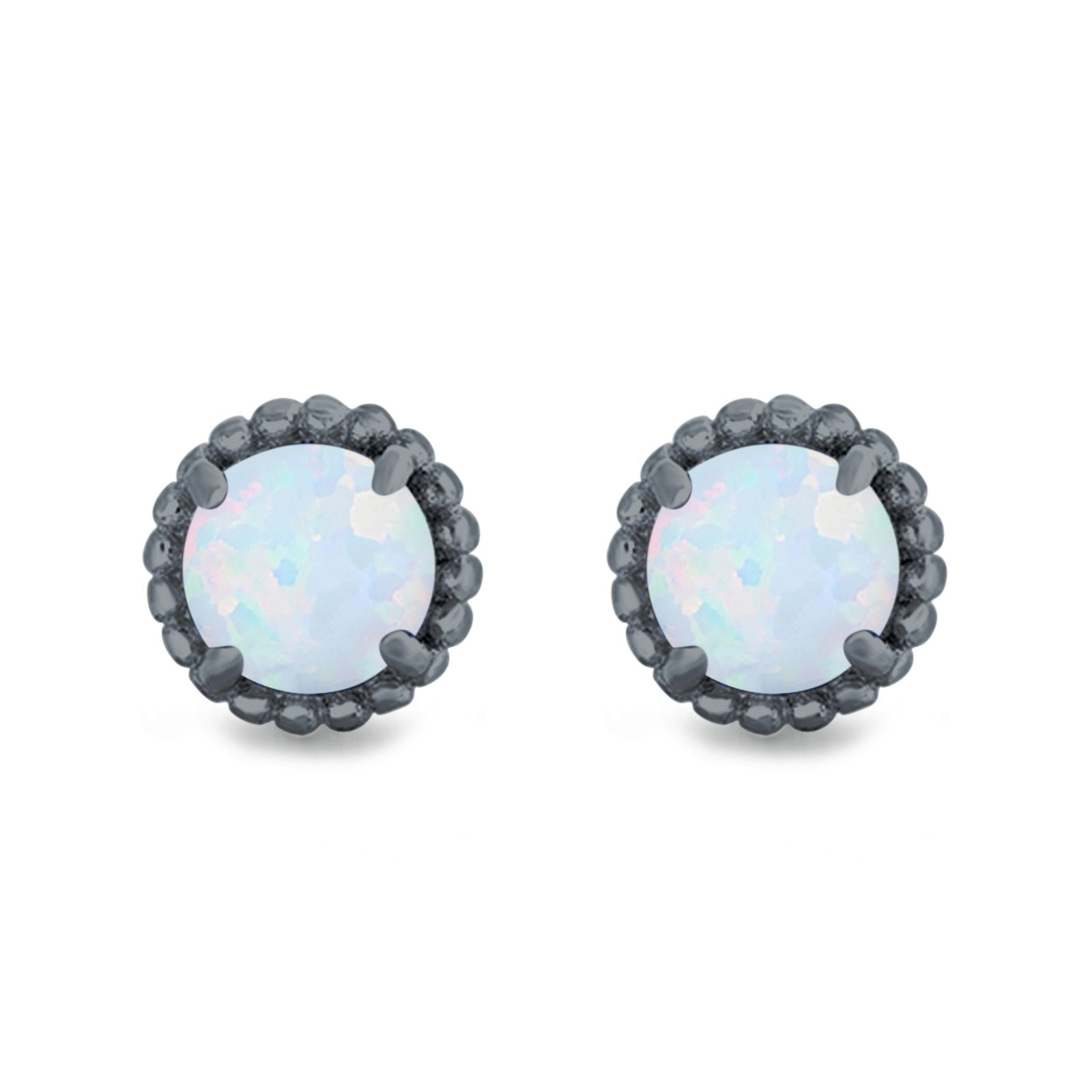 Round Stud Earrings Lab Created Opal 925 Sterling Silver (7mm)