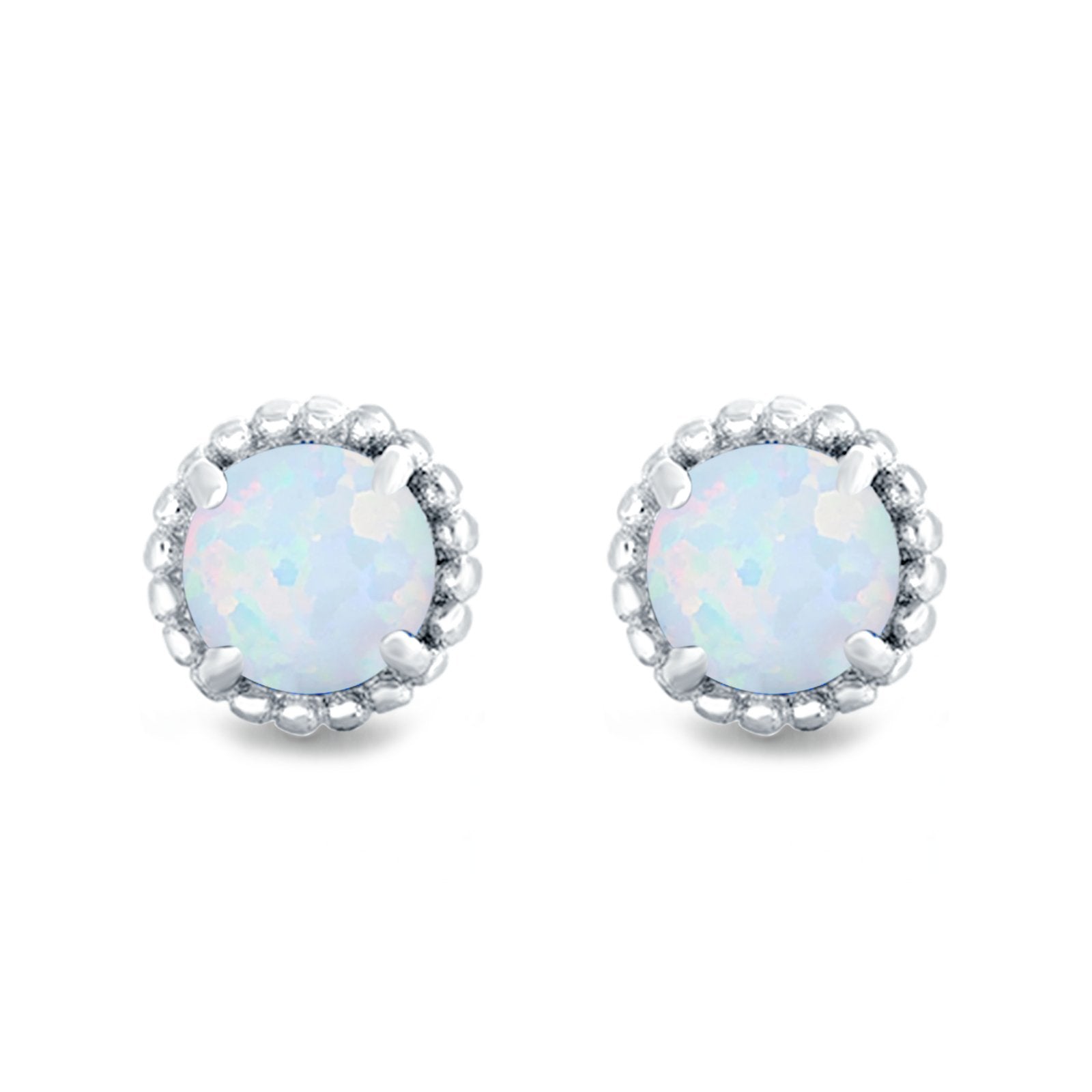 Round Stud Earrings Lab Created Opal 925 Sterling Silver (7mm)