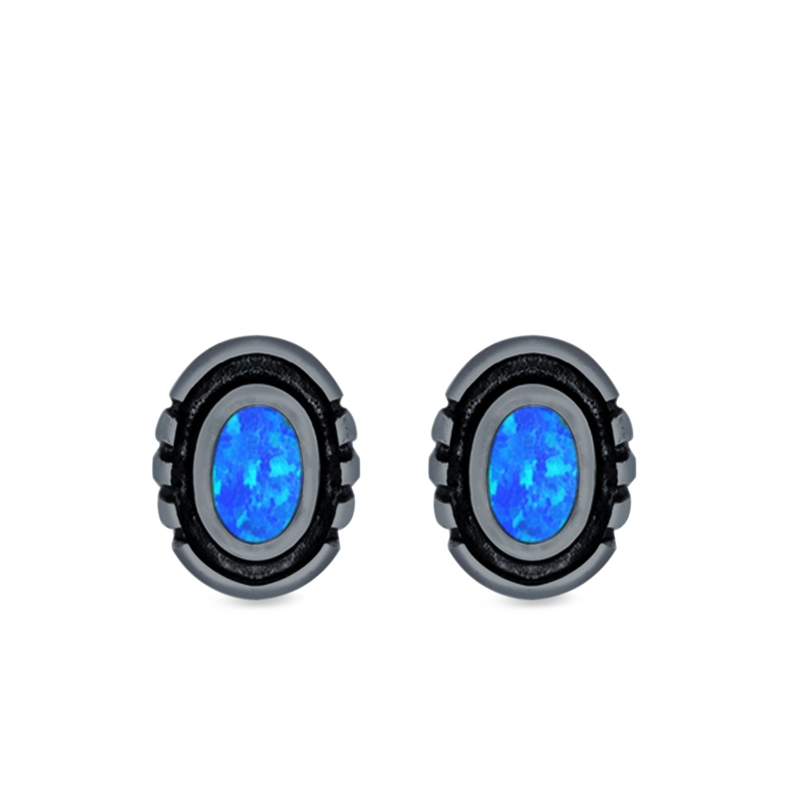 Oval Stud Earrings Lab Created Opal 925 Sterling Silver (8.5mm)