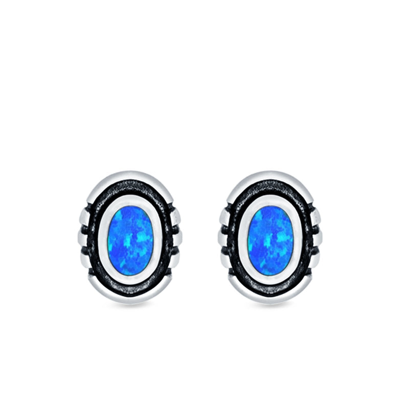 Oval Stud Earrings Lab Created Opal 925 Sterling Silver (8.5mm)