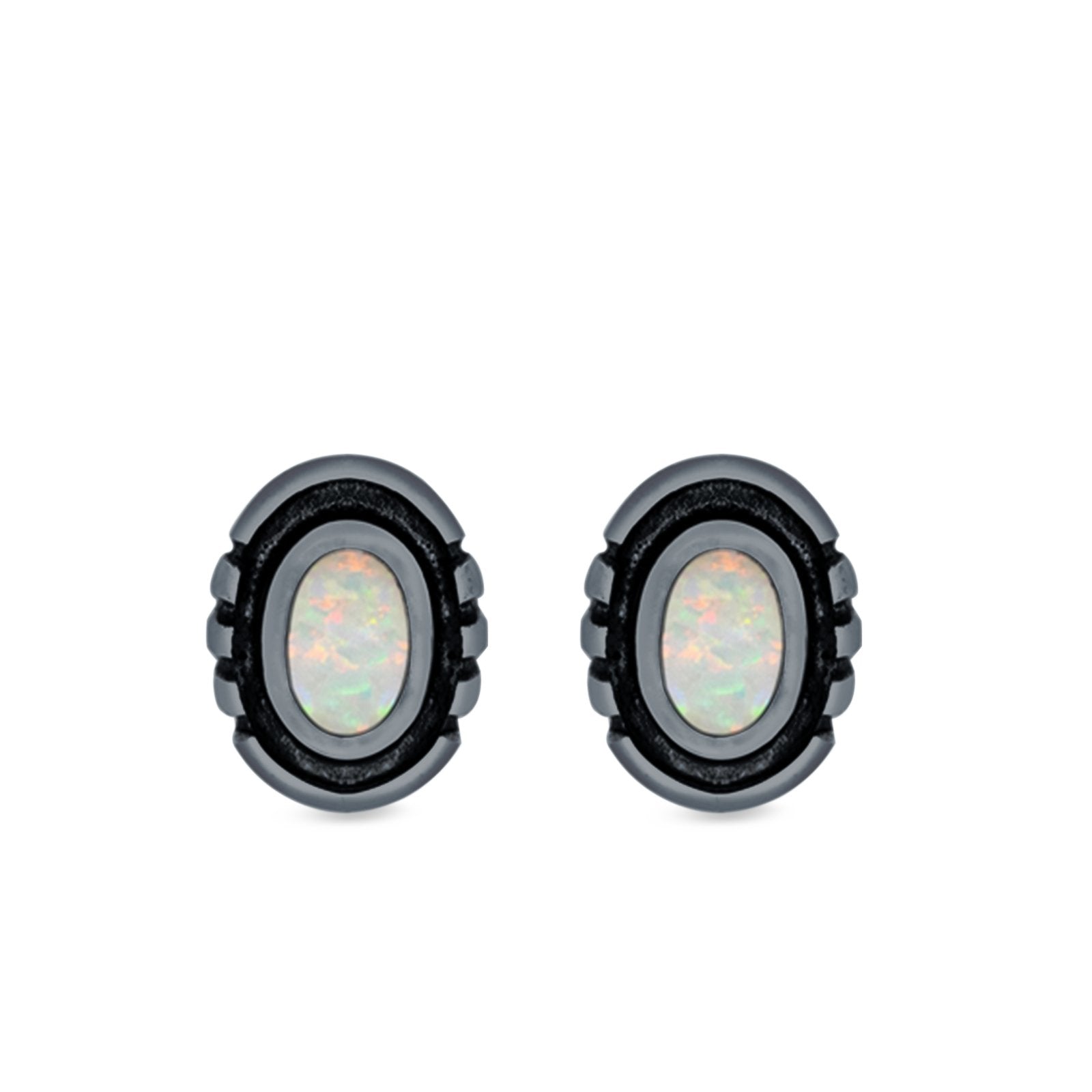 Oval Stud Earrings Lab Created Opal 925 Sterling Silver (8.5mm)
