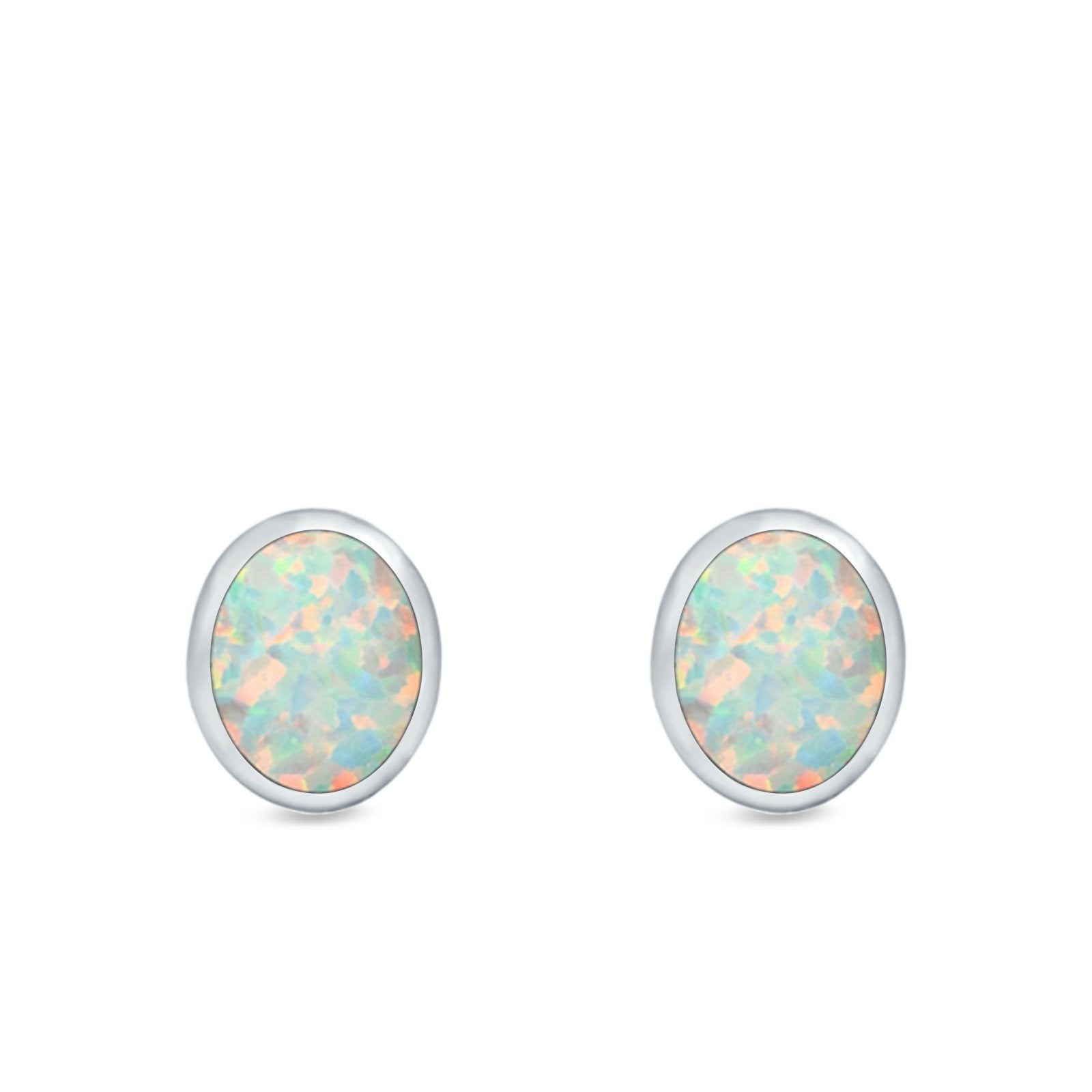 Oval Stud Earrings Lab Created Opal 925 Sterling Silver (11mm)