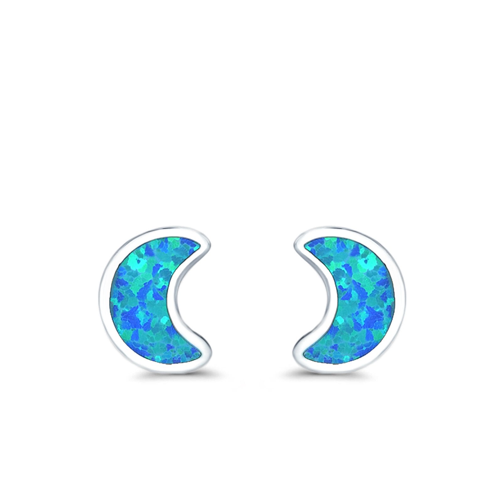 Moon Stud Earrings Lab Created Opal 925 Sterling Silver (14mm)