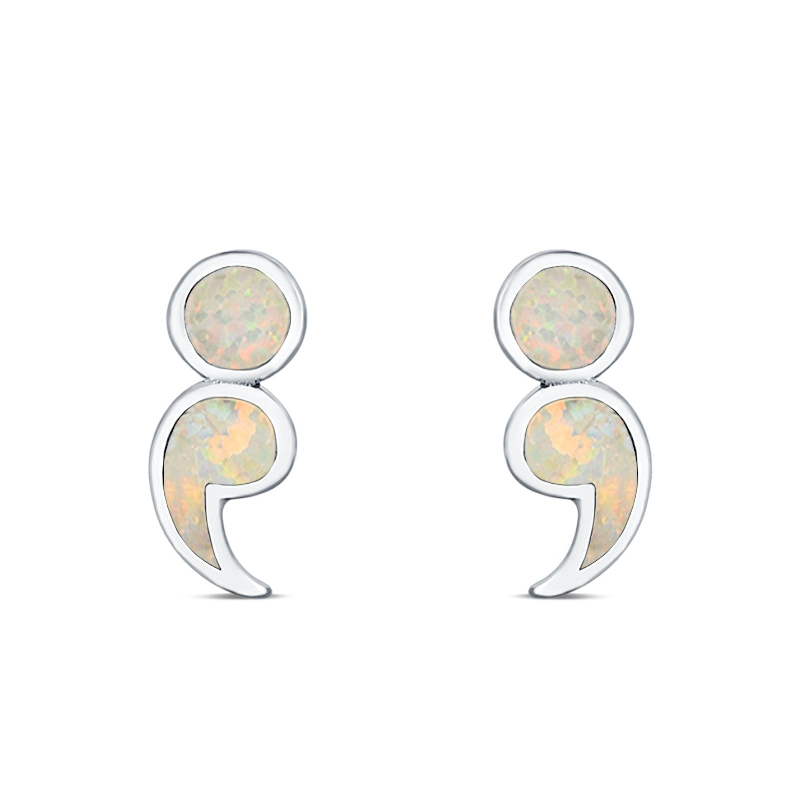 Semicolon Stud Earrings Lab Created Opal 925 Sterling Silver (11mm)
