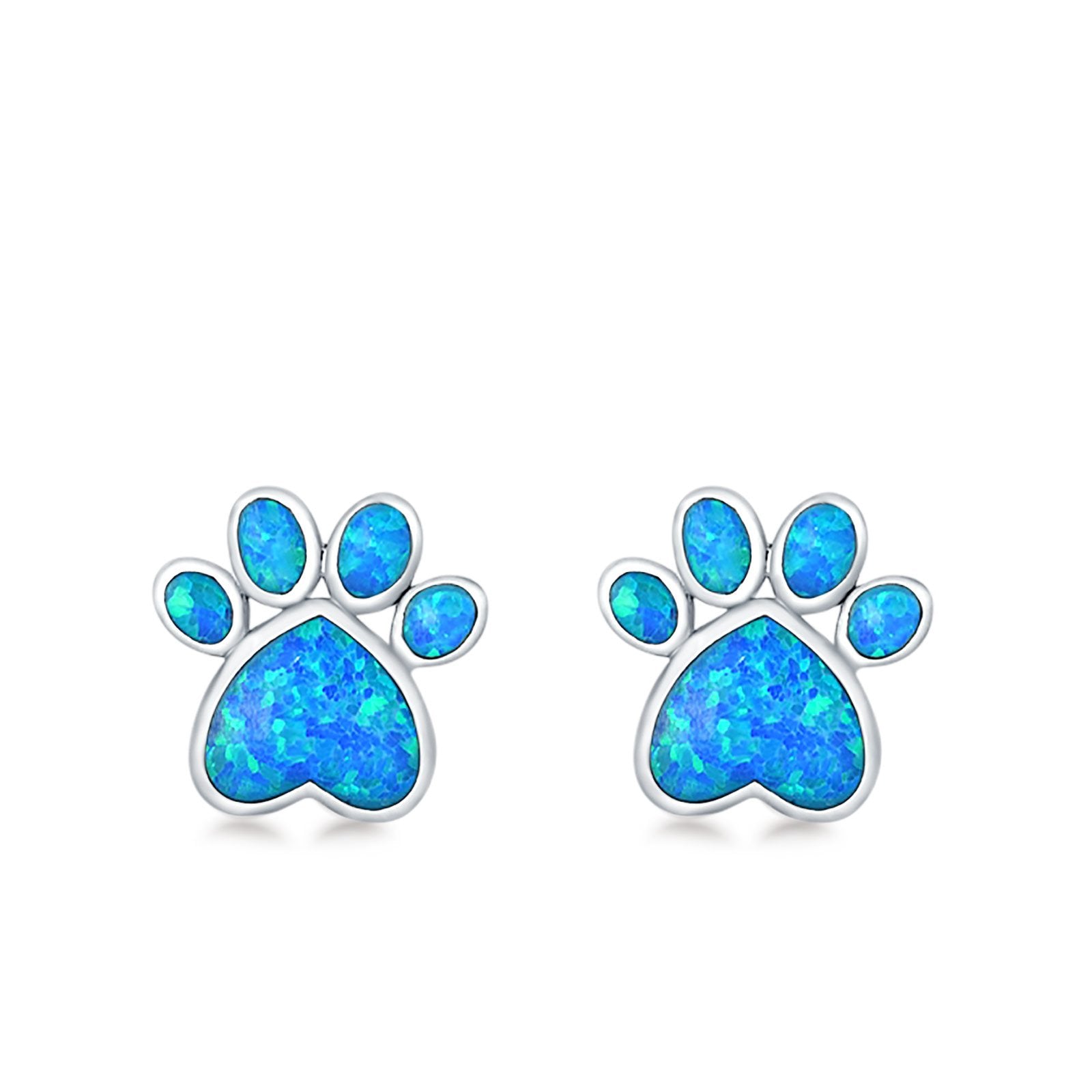 Paw Prints Stud Earrings Lab Created Opal 925 Sterling Silver (10mm)
