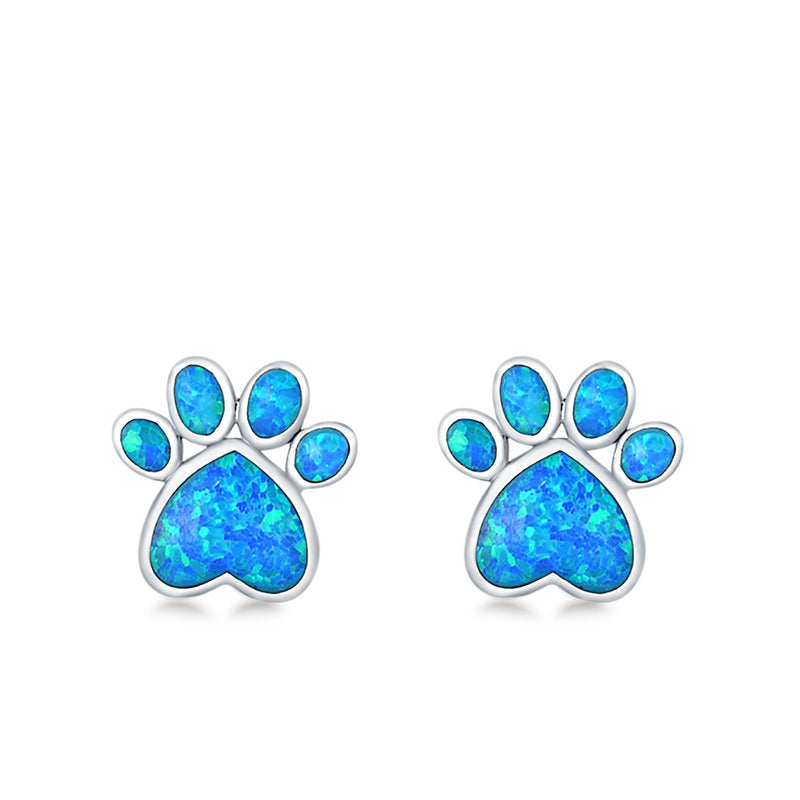 Paw Prints Stud Earrings Lab Created Opal 925 Sterling Silver (10mm)