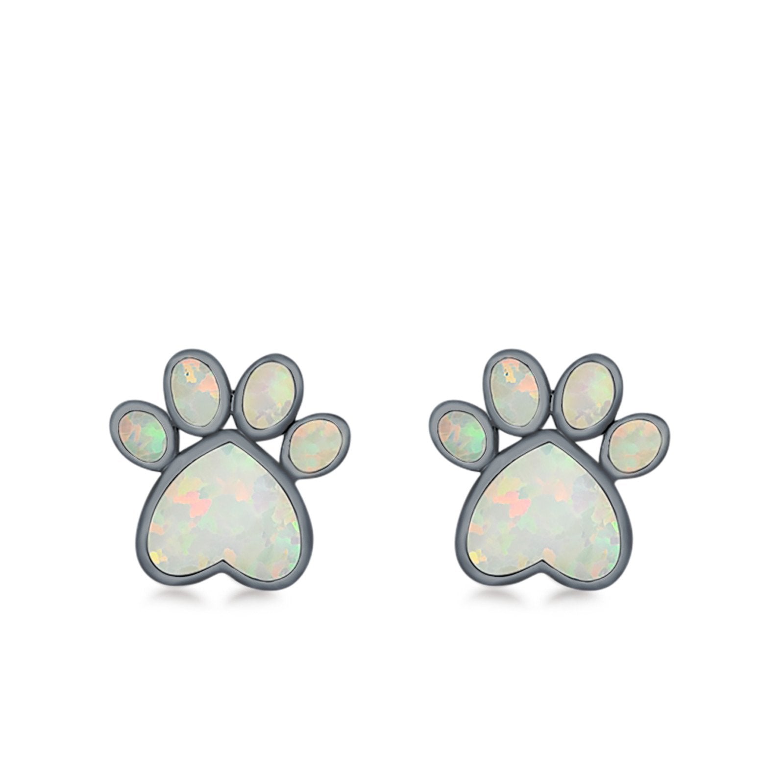 Paw Prints Stud Earrings Lab Created Opal 925 Sterling Silver (10mm)