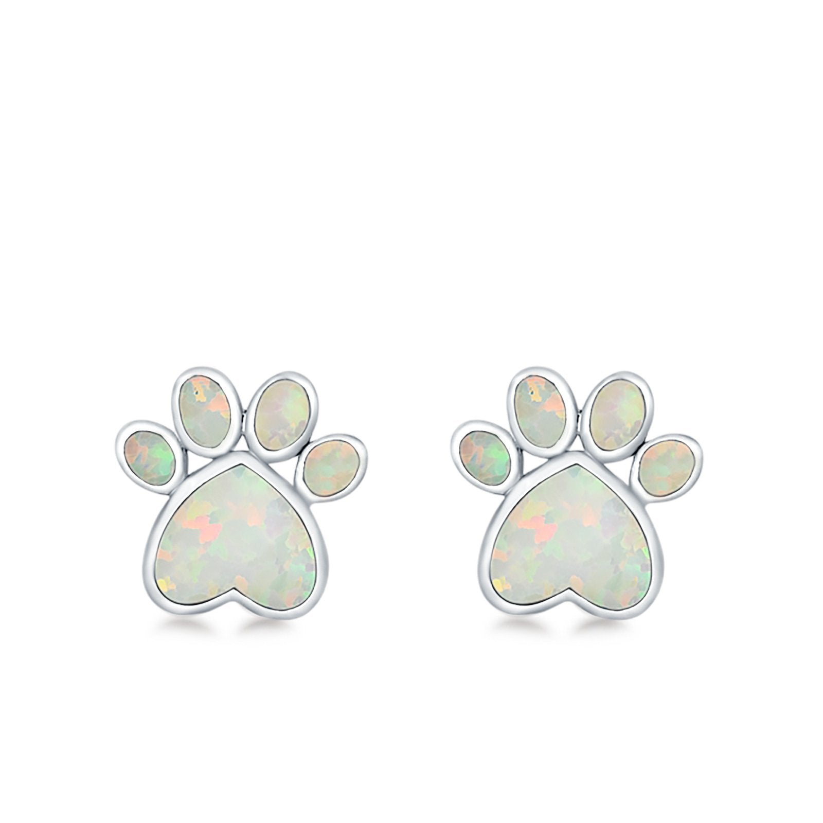 Paw Prints Stud Earrings Lab Created Opal 925 Sterling Silver (10mm)