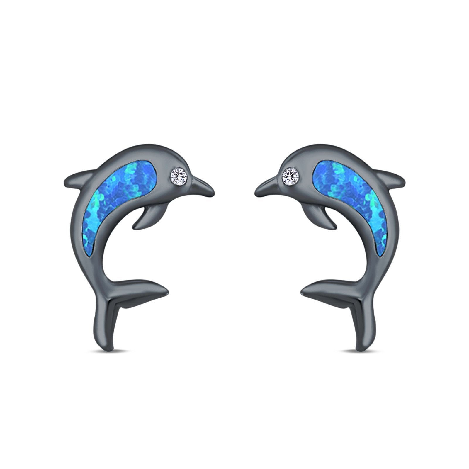 Dolphin Stud Earrings Lab Created Opal 925 Sterling Silver (13mm)