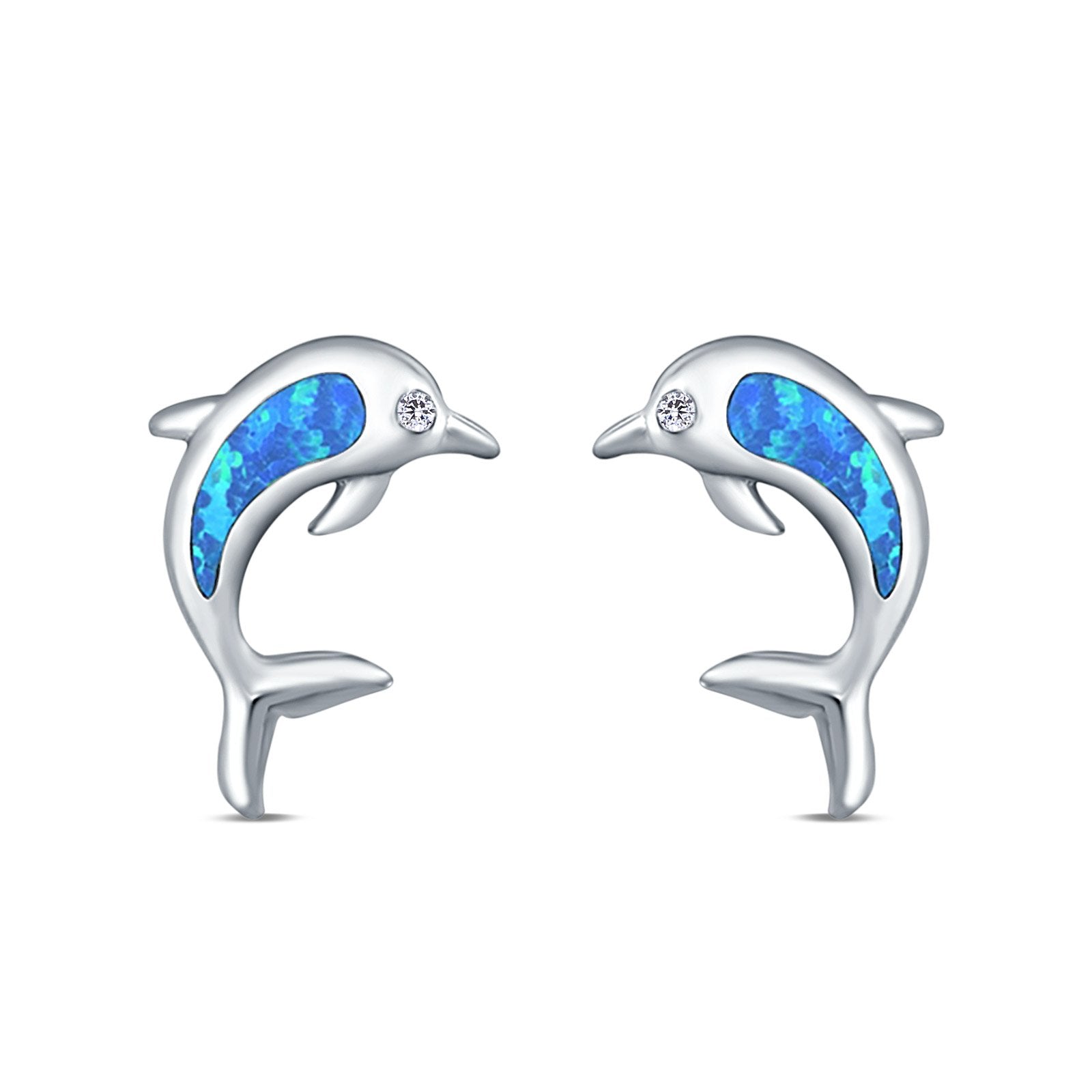Dolphin Stud Earrings Lab Created Opal 925 Sterling Silver (13mm)