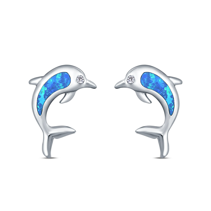 Dolphin Stud Earrings Lab Created Opal 925 Sterling Silver (13mm)