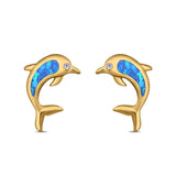 Dolphin Stud Earrings Lab Created Opal 925 Sterling Silver (13mm)