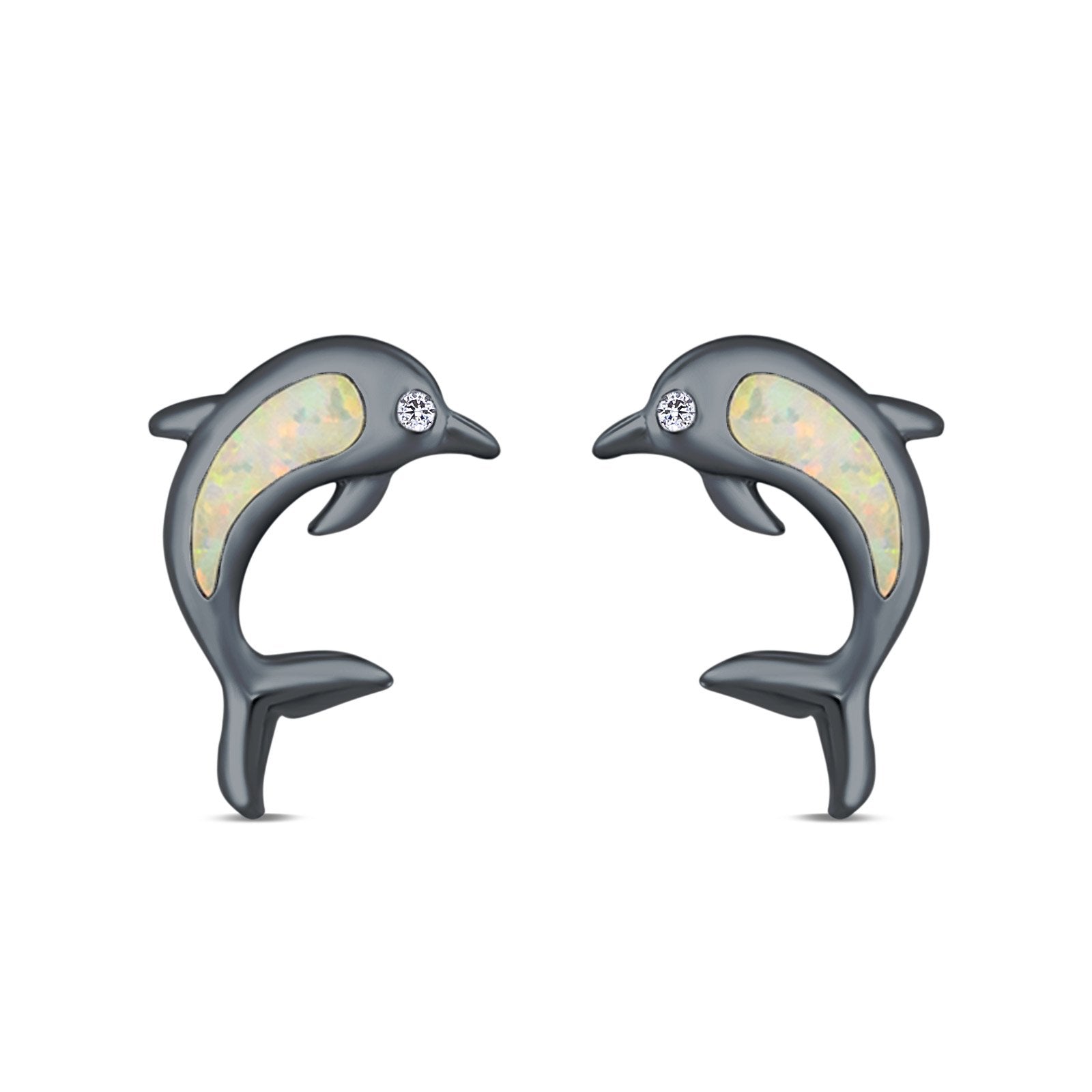 Dolphin Stud Earrings Lab Created Opal 925 Sterling Silver (13mm)