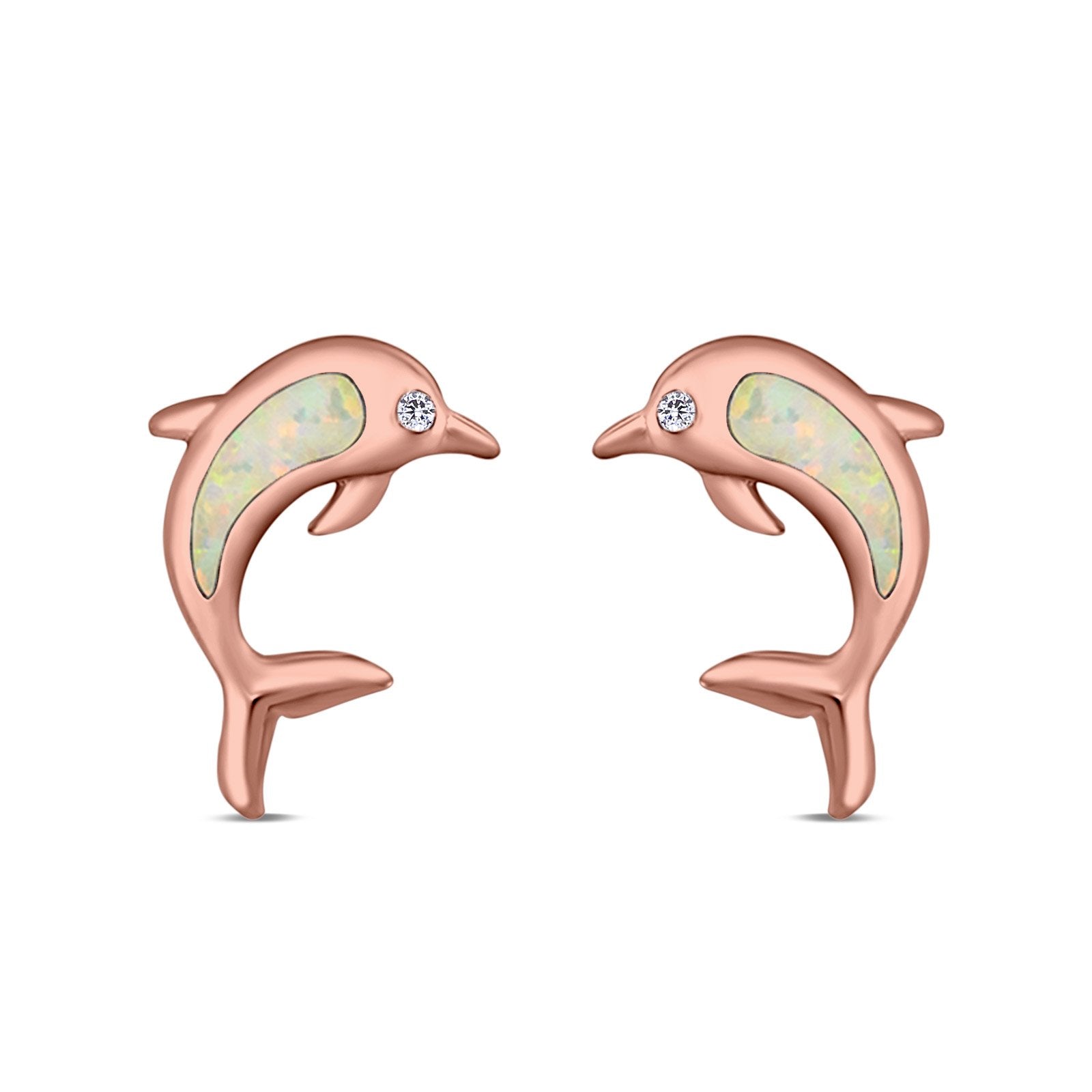 Dolphin Stud Earrings Lab Created Opal 925 Sterling Silver (13mm)