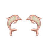 Dolphin Stud Earrings Lab Created Opal 925 Sterling Silver (13mm)