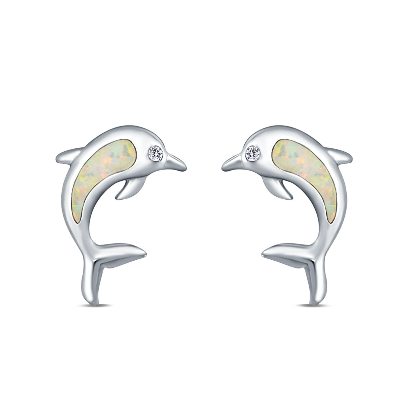 Dolphin Stud Earrings Lab Created Opal 925 Sterling Silver (13mm)