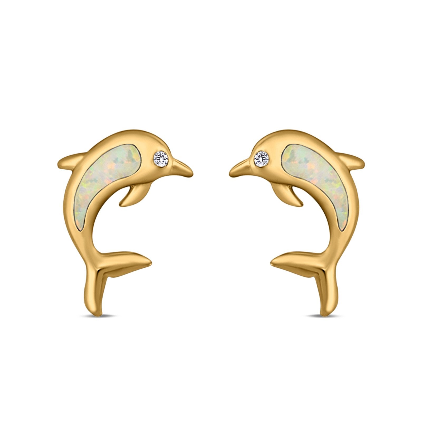 Dolphin Stud Earrings Lab Created Opal 925 Sterling Silver (13mm)