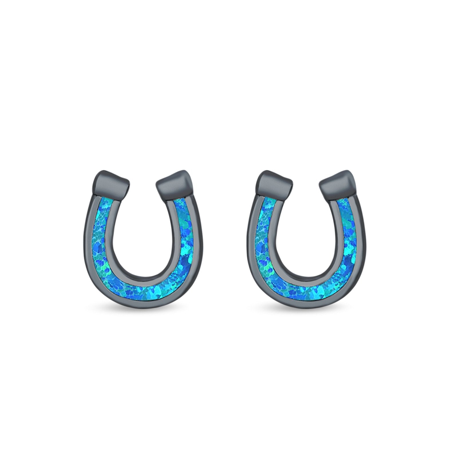 Horseshoe Stud Earrings Lab Created Opal 925 Sterling Silver (9mm)