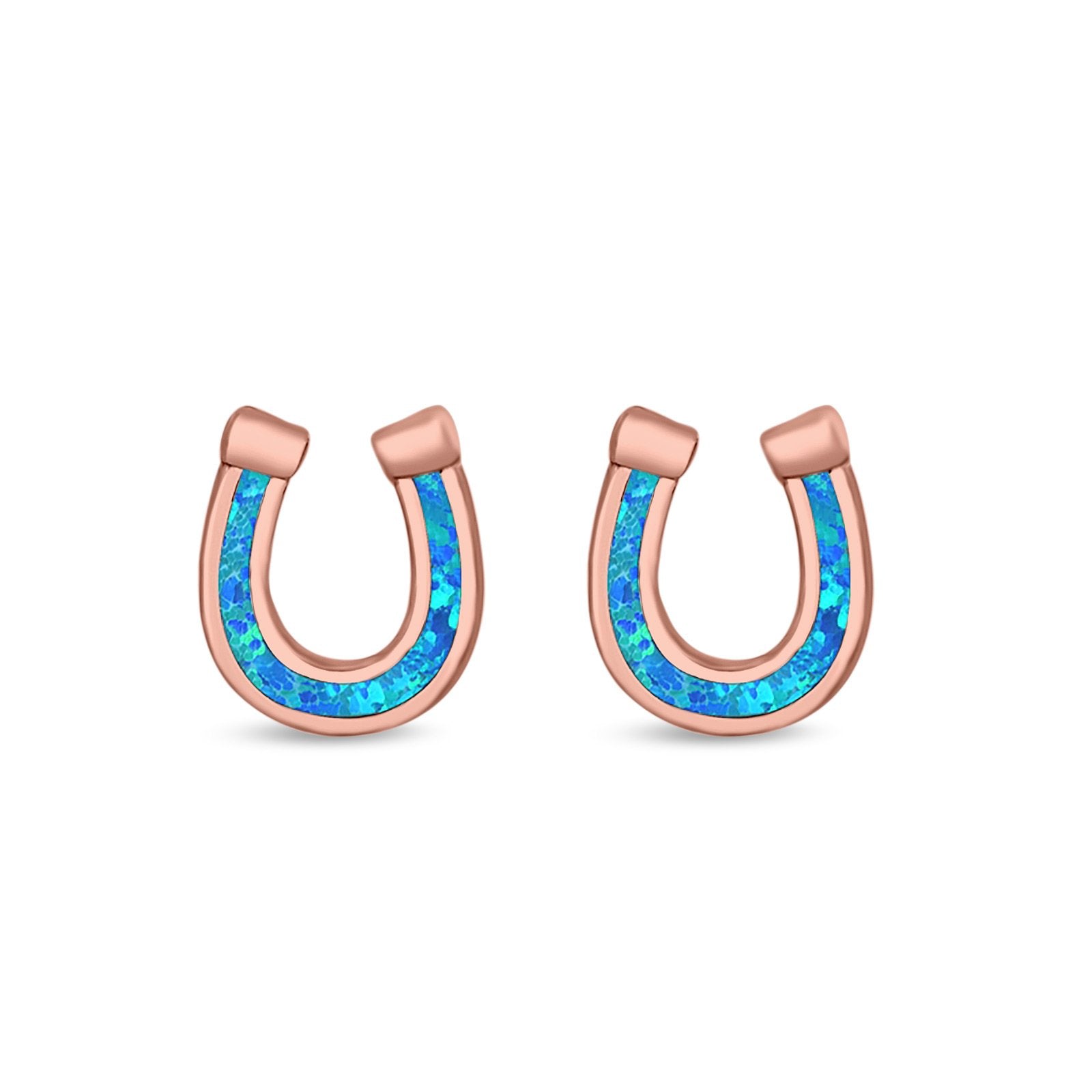 Horseshoe Stud Earrings Lab Created Opal 925 Sterling Silver (9mm)