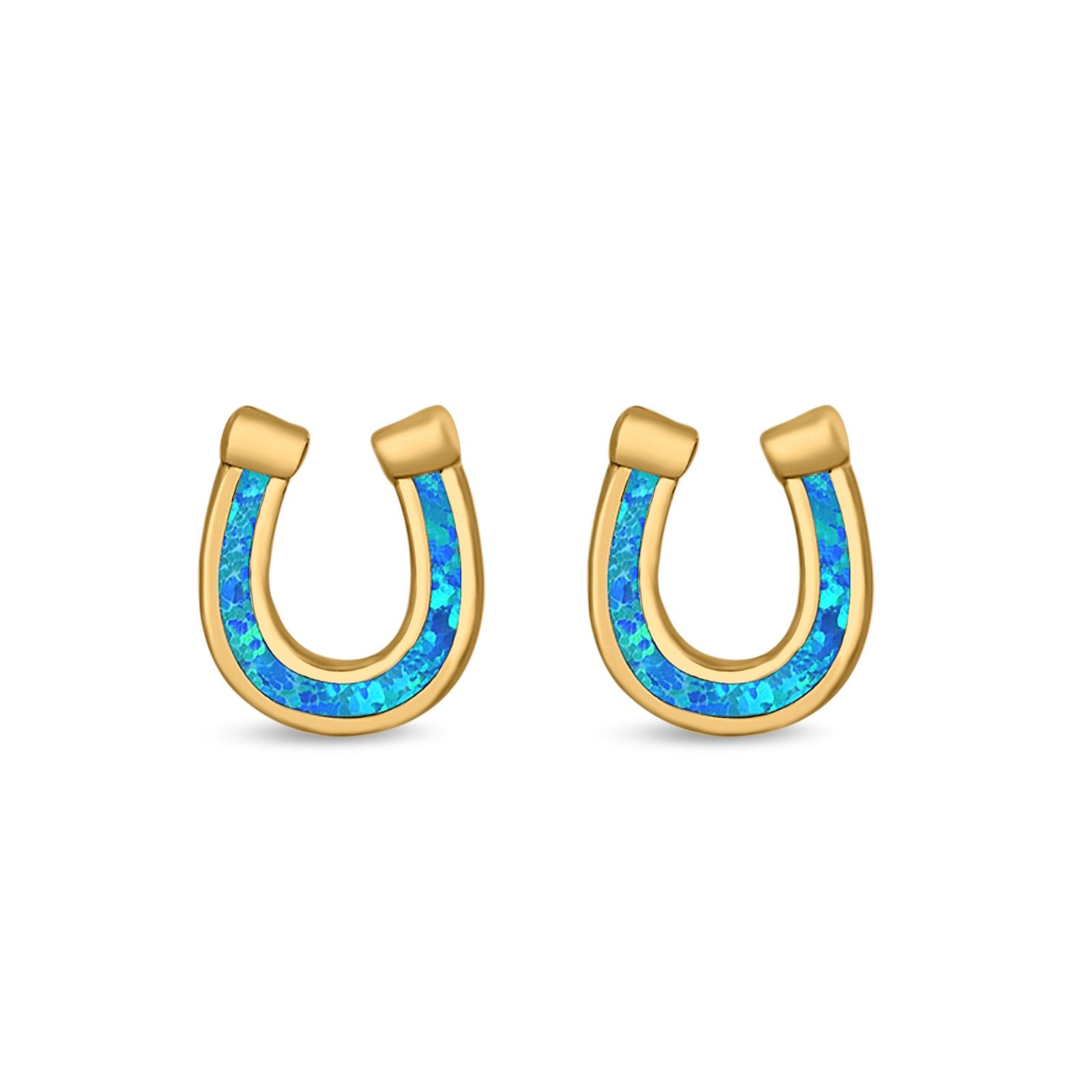 Horseshoe Stud Earrings Lab Created Opal 925 Sterling Silver (9mm)
