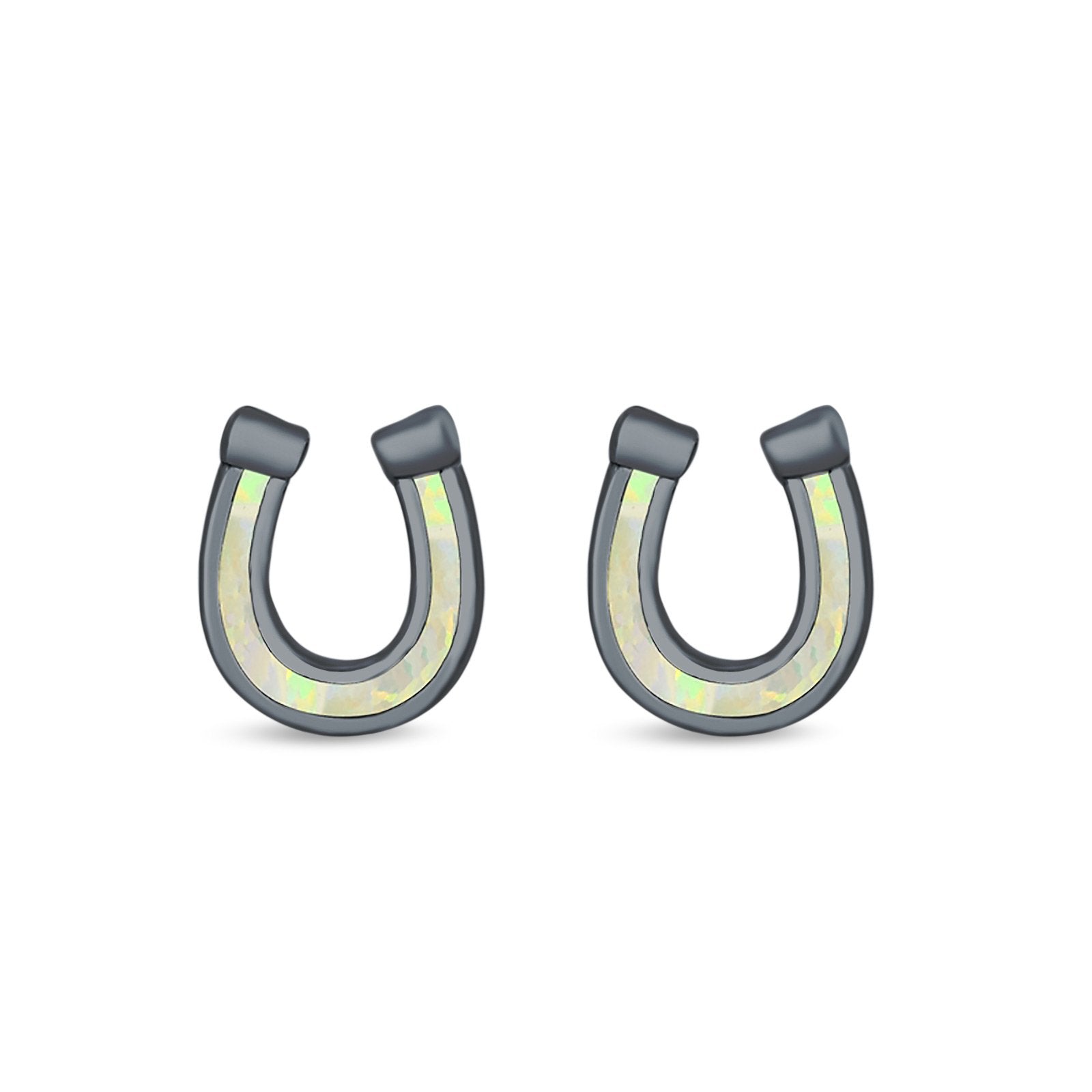 Horseshoe Stud Earrings Lab Created Opal 925 Sterling Silver (9mm)