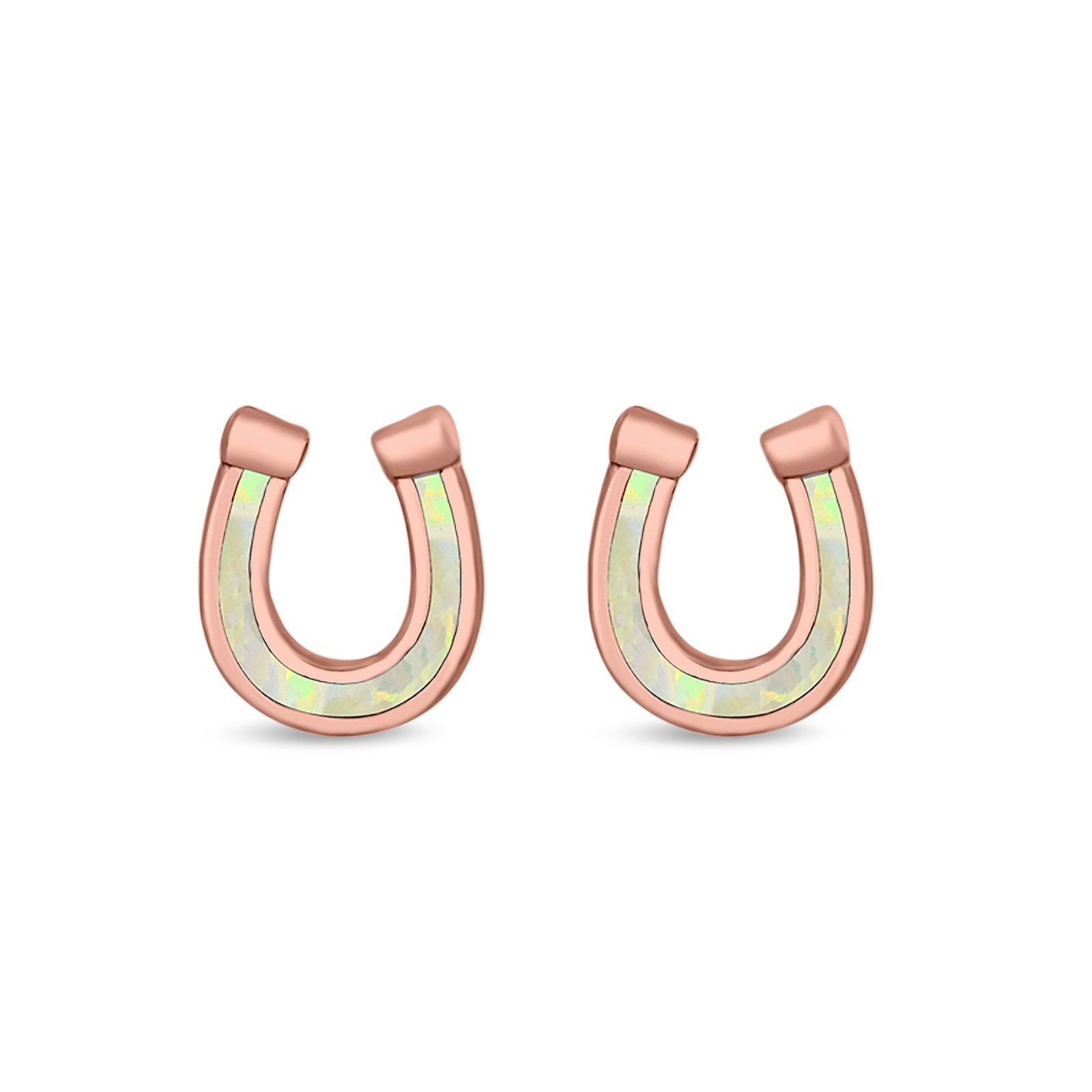 Horseshoe Stud Earrings Lab Created Opal 925 Sterling Silver (9mm)