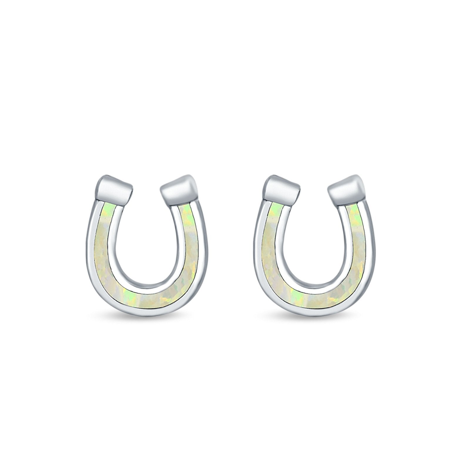 Horseshoe Stud Earrings Lab Created Opal 925 Sterling Silver (9mm)