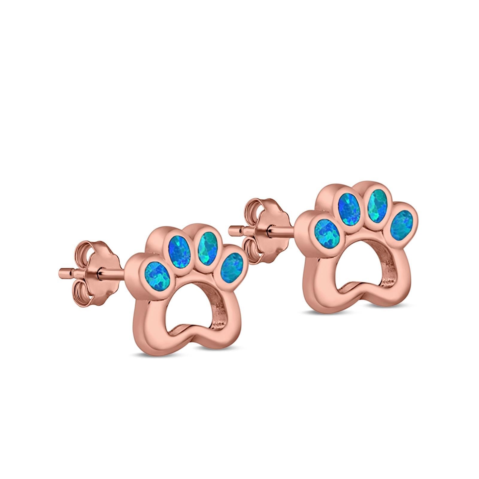 Paw Print Stud Earrings Lab Created Opal 925 Sterling Silver (13mm)