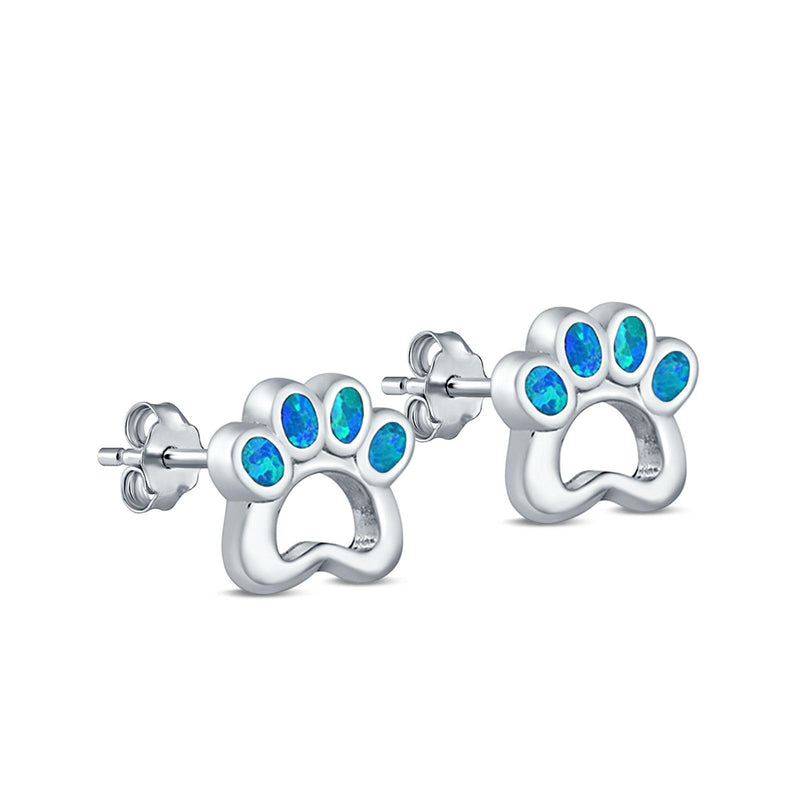 Paw Print Stud Earrings Lab Created Opal 925 Sterling Silver (13mm)