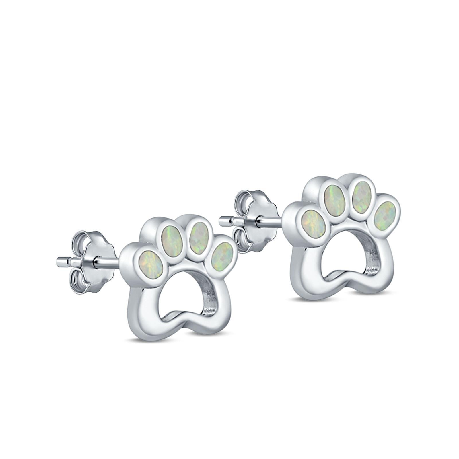Paw Print Stud Earrings Lab Created Opal 925 Sterling Silver (13mm)