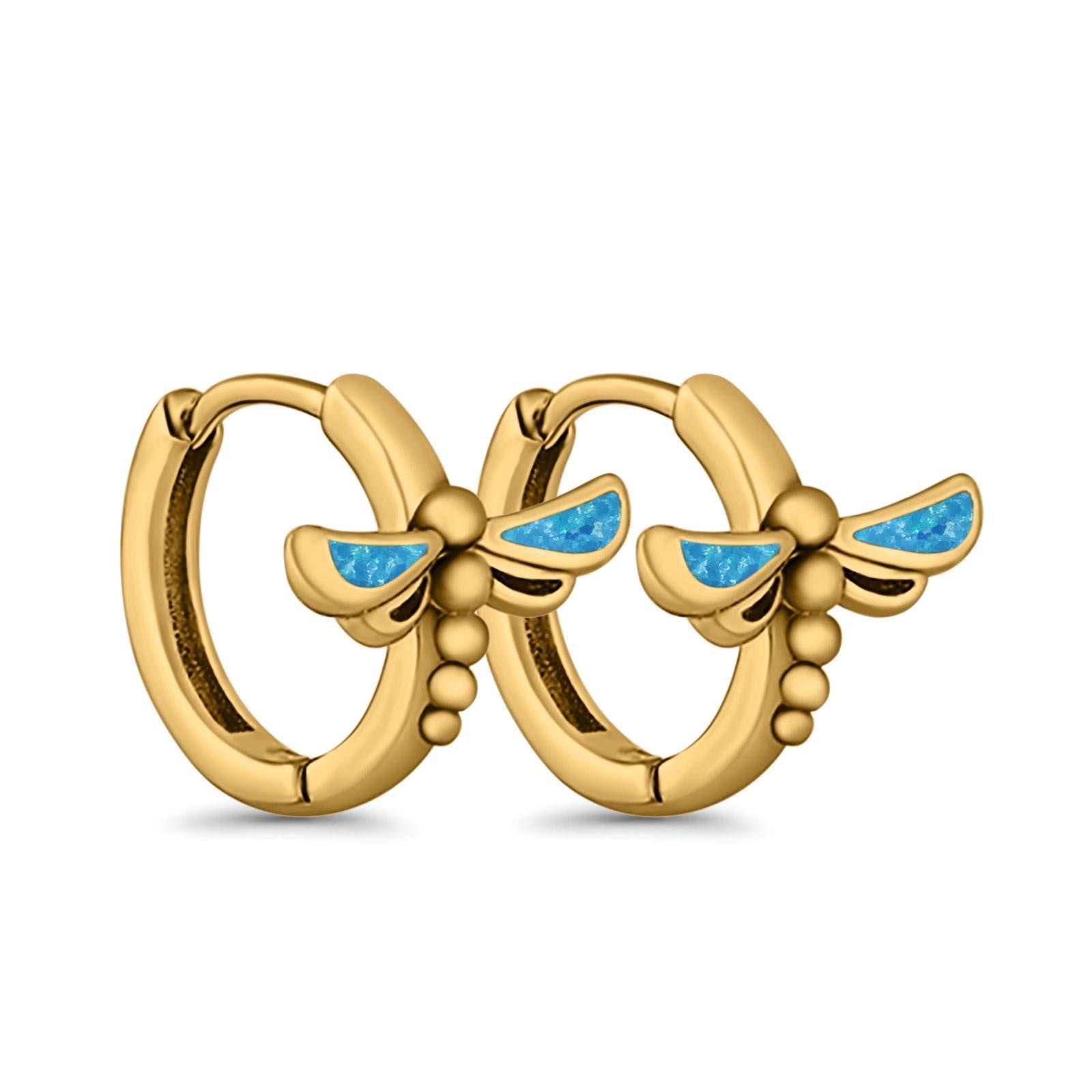 Dragonfly Hoop Huggie Earrings Lab Created Opal 925 Sterling Silver