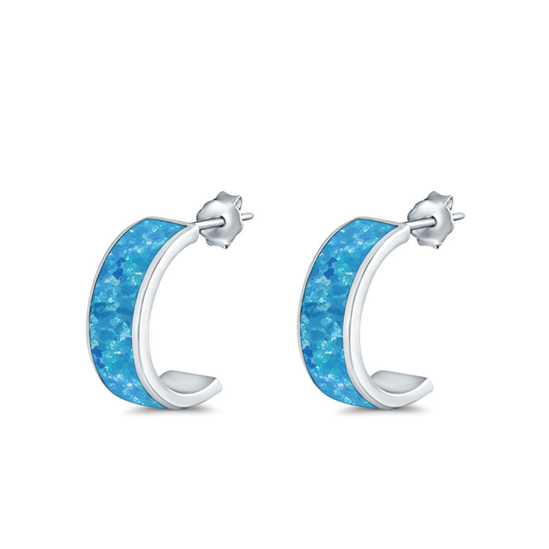 Half Hoop Stud Earrings Lab Created Opal 925 Sterling Silver (15mm)
