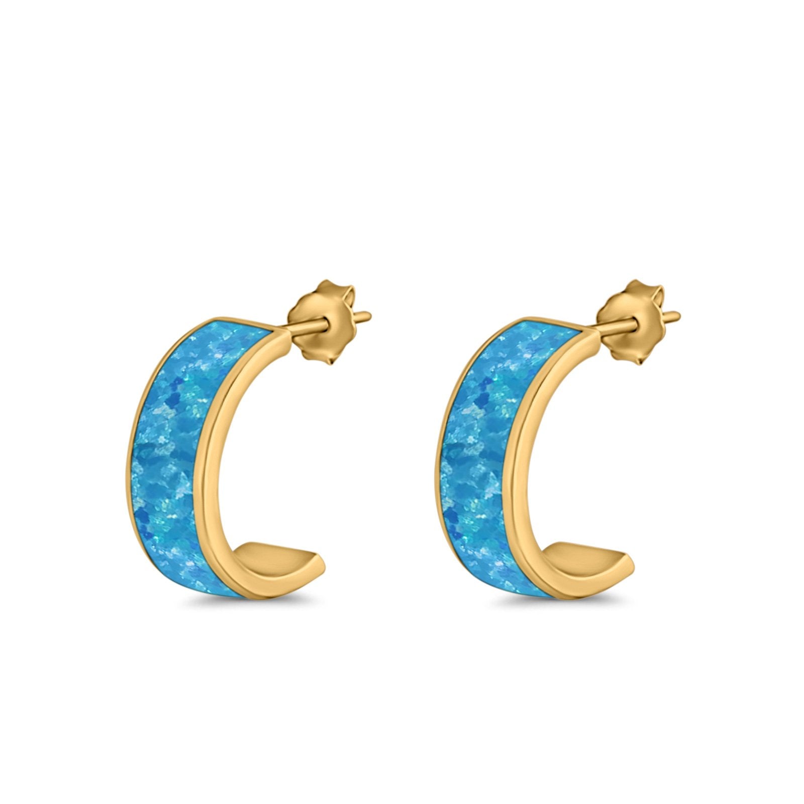 Half Hoop Stud Earrings Lab Created Opal 925 Sterling Silver (15mm)