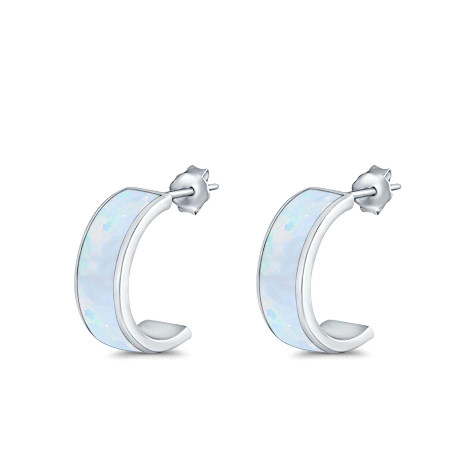 Half Hoop Stud Earrings Lab Created Opal 925 Sterling Silver (15mm)