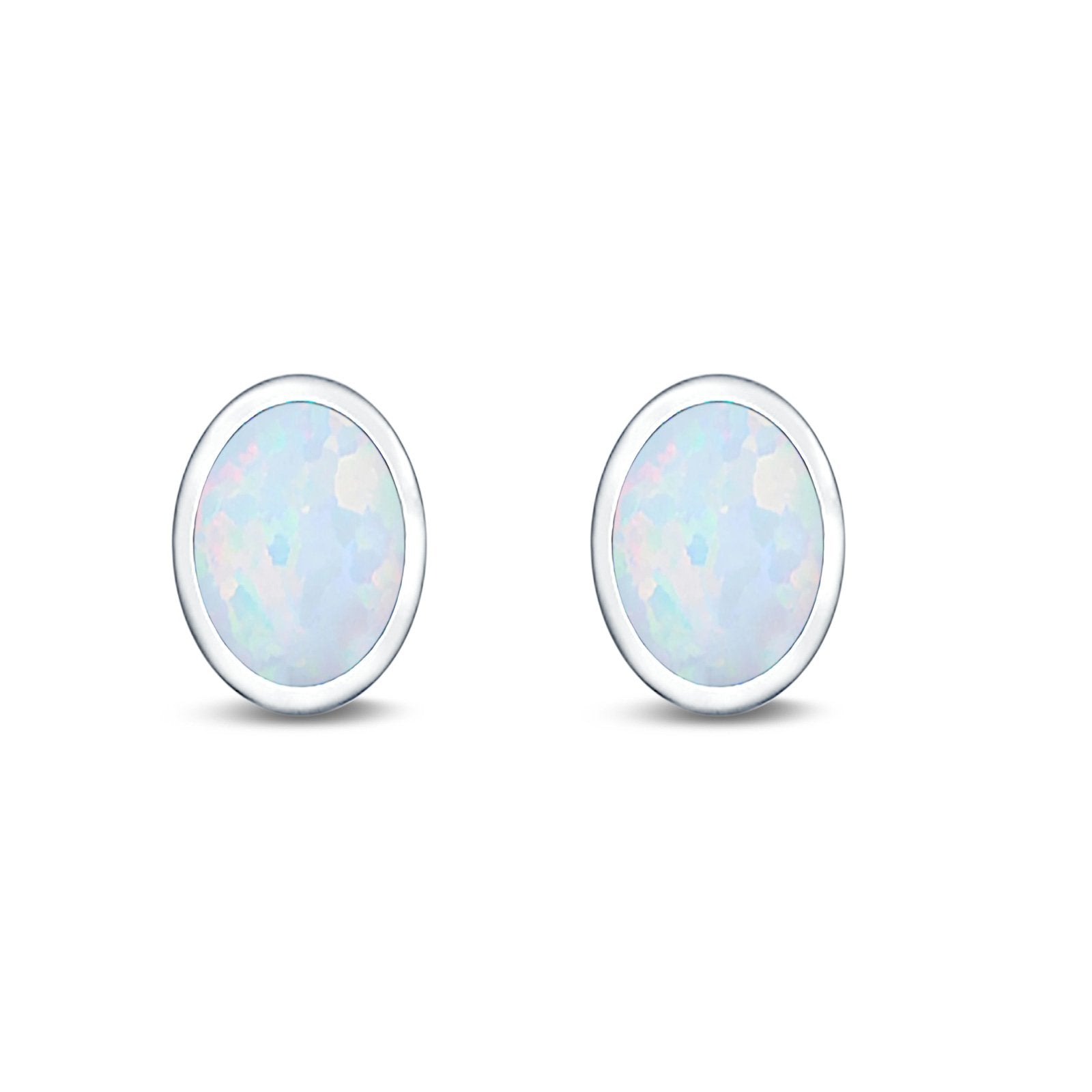 Oval Stud Earrings Lab Created Opal 925 Sterling Silver (6mm-12mm)