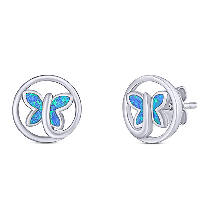 Butterfly Stud Earring Created Opal Solid 925 Sterling Silver (8.8mm)