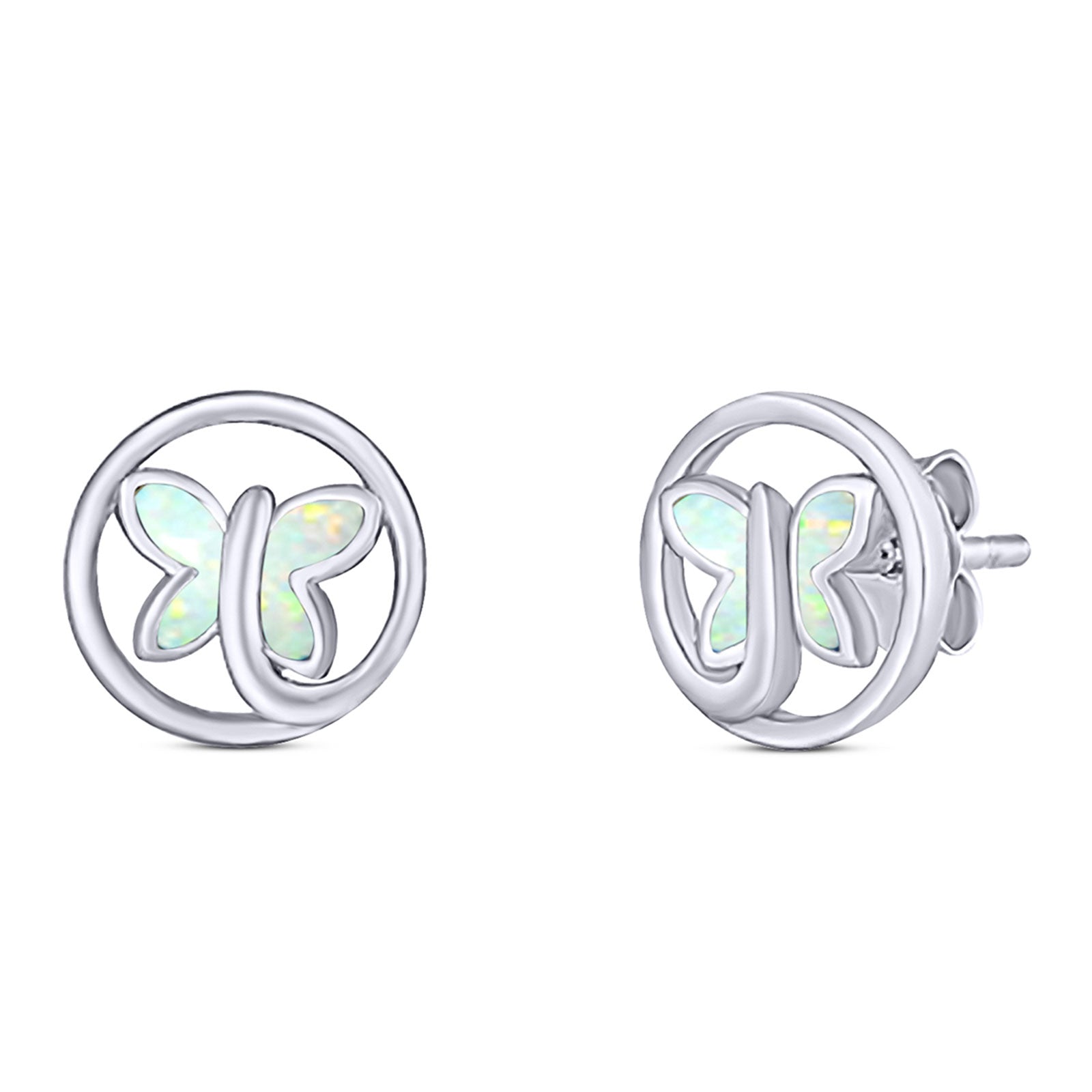 Butterfly Stud Earring Created Opal Solid 925 Sterling Silver (8.8mm)