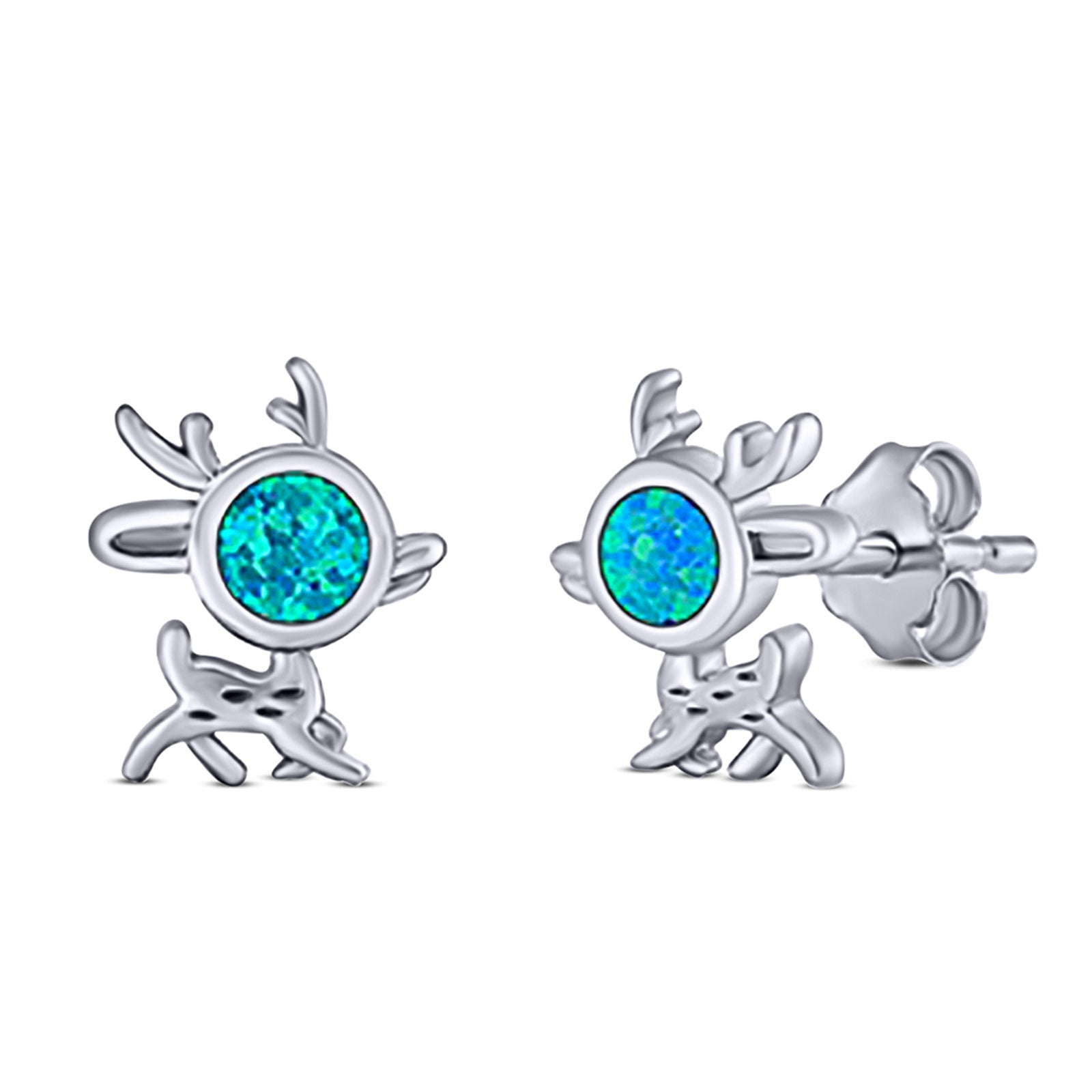 Deer Stud Earring Created Opal Solid 925 Sterling Silver (10.1mm)