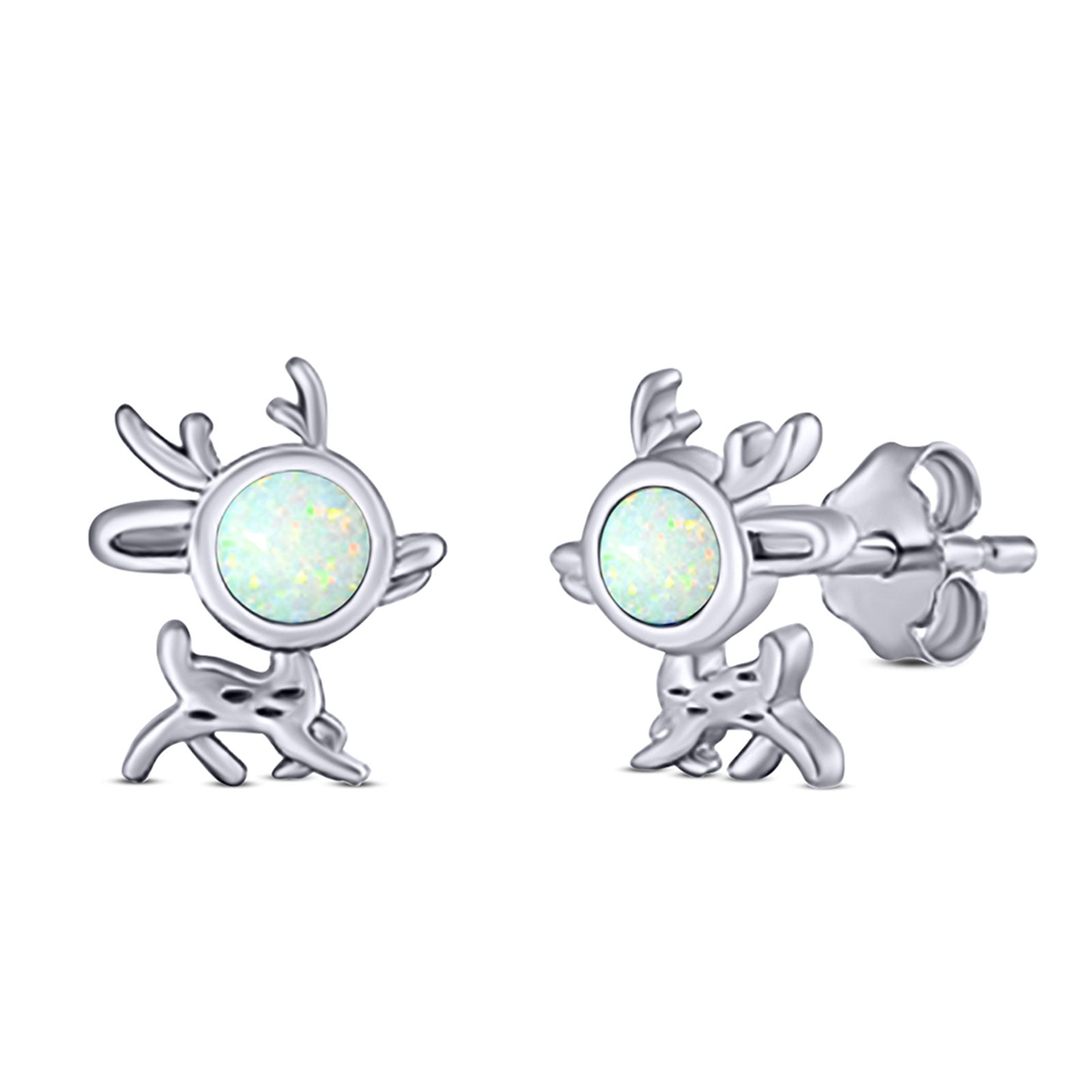 Deer Stud Earring Created Opal Solid 925 Sterling Silver (10.1mm)