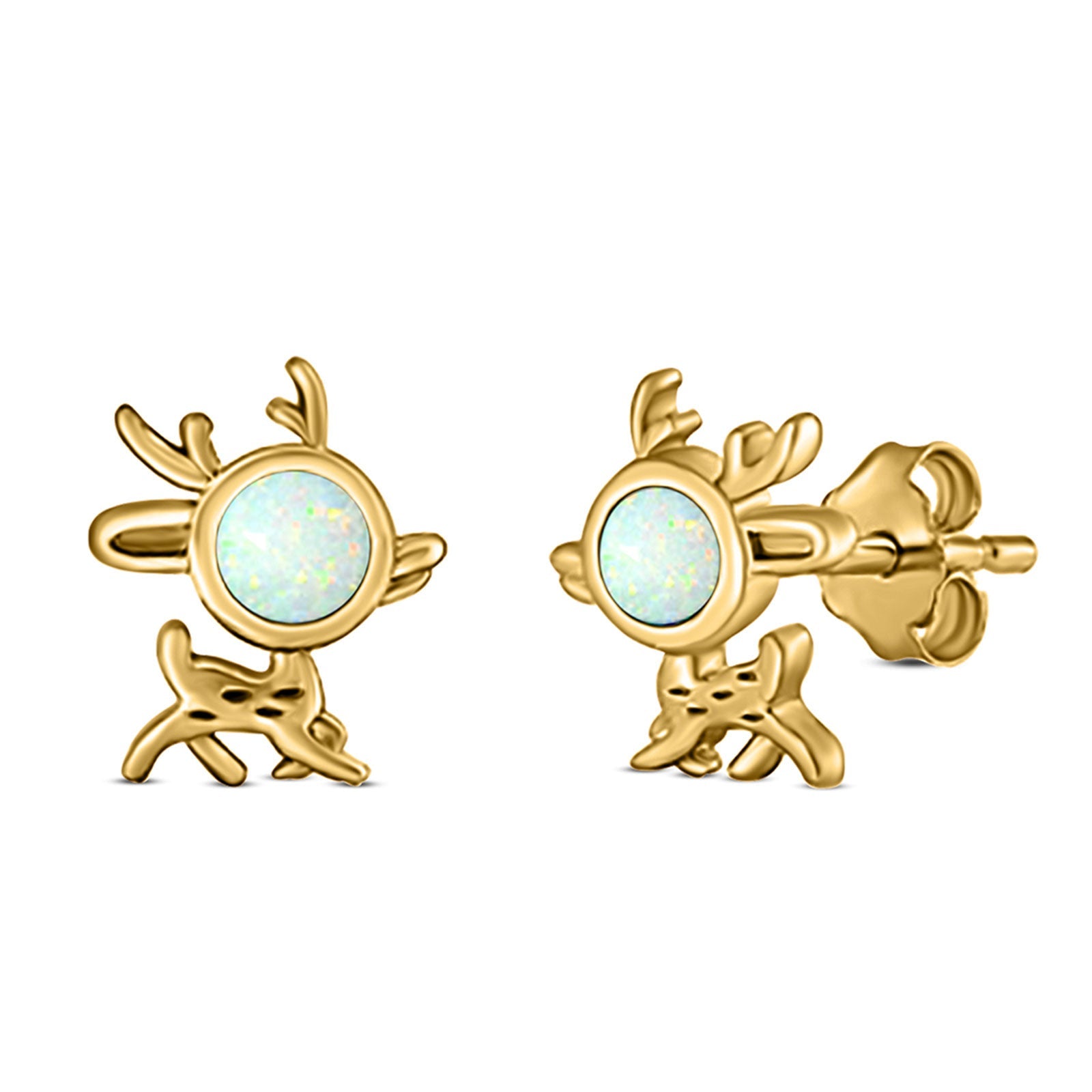 Deer Stud Earring Created Opal Solid 925 Sterling Silver (10.1mm)