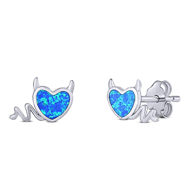 Heart Devil Stud Earring Created Opal Solid 925 Sterling Silver (9.5mm)