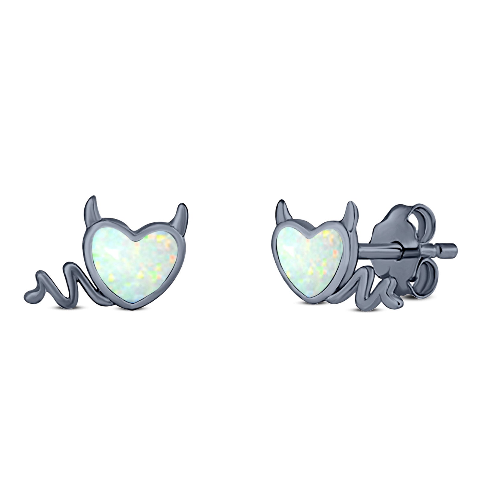 Heart Devil Stud Earring Created Opal Solid 925 Sterling Silver (9.5mm)