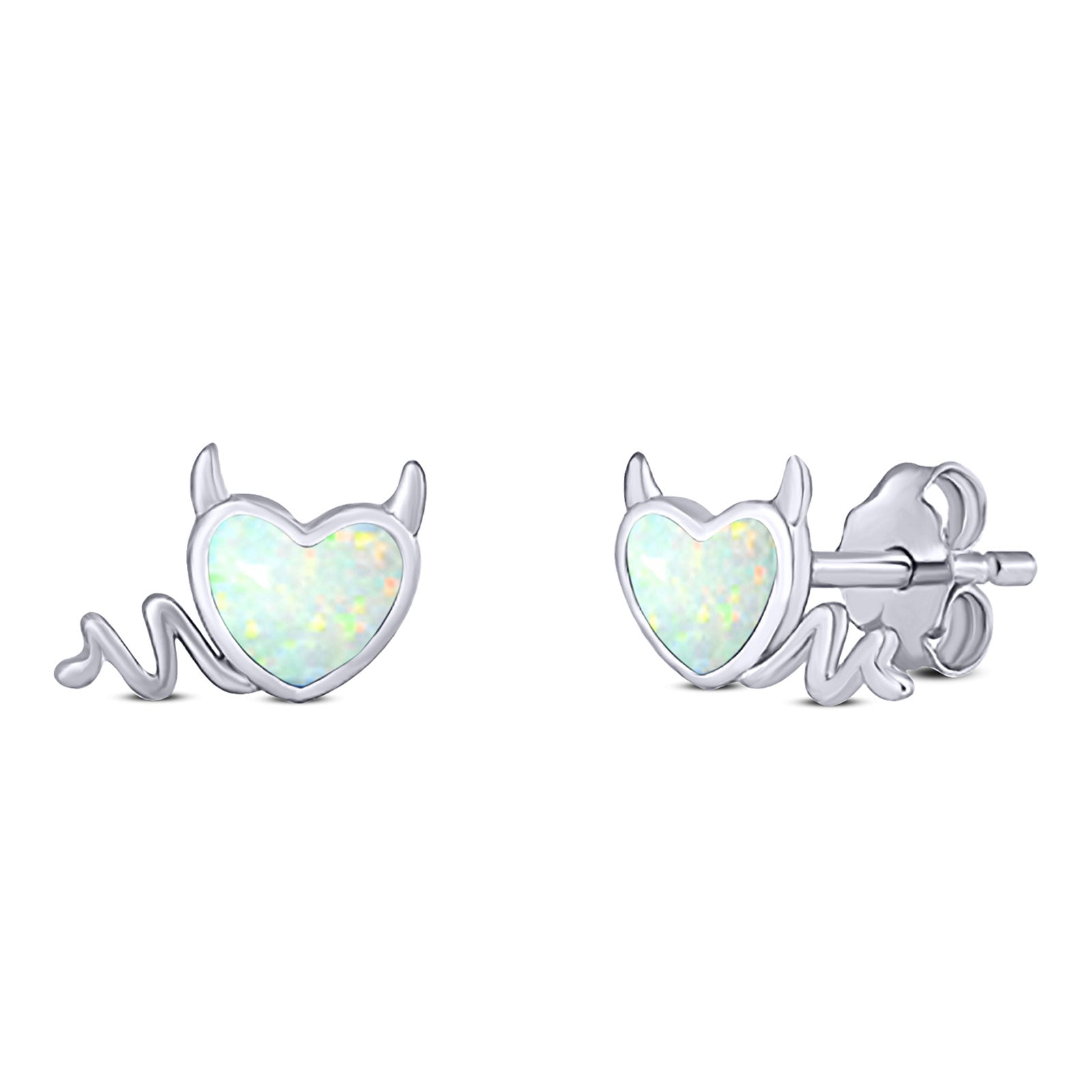 Heart Devil Stud Earring Created Opal Solid 925 Sterling Silver (9.5mm)