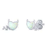 Heart Devil Stud Earring Created Opal Solid 925 Sterling Silver (9.5mm)