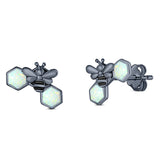 Lucky Honey Bee Print Stud Earring Created Opal Solid 925 Sterling Silver (8.7mm)