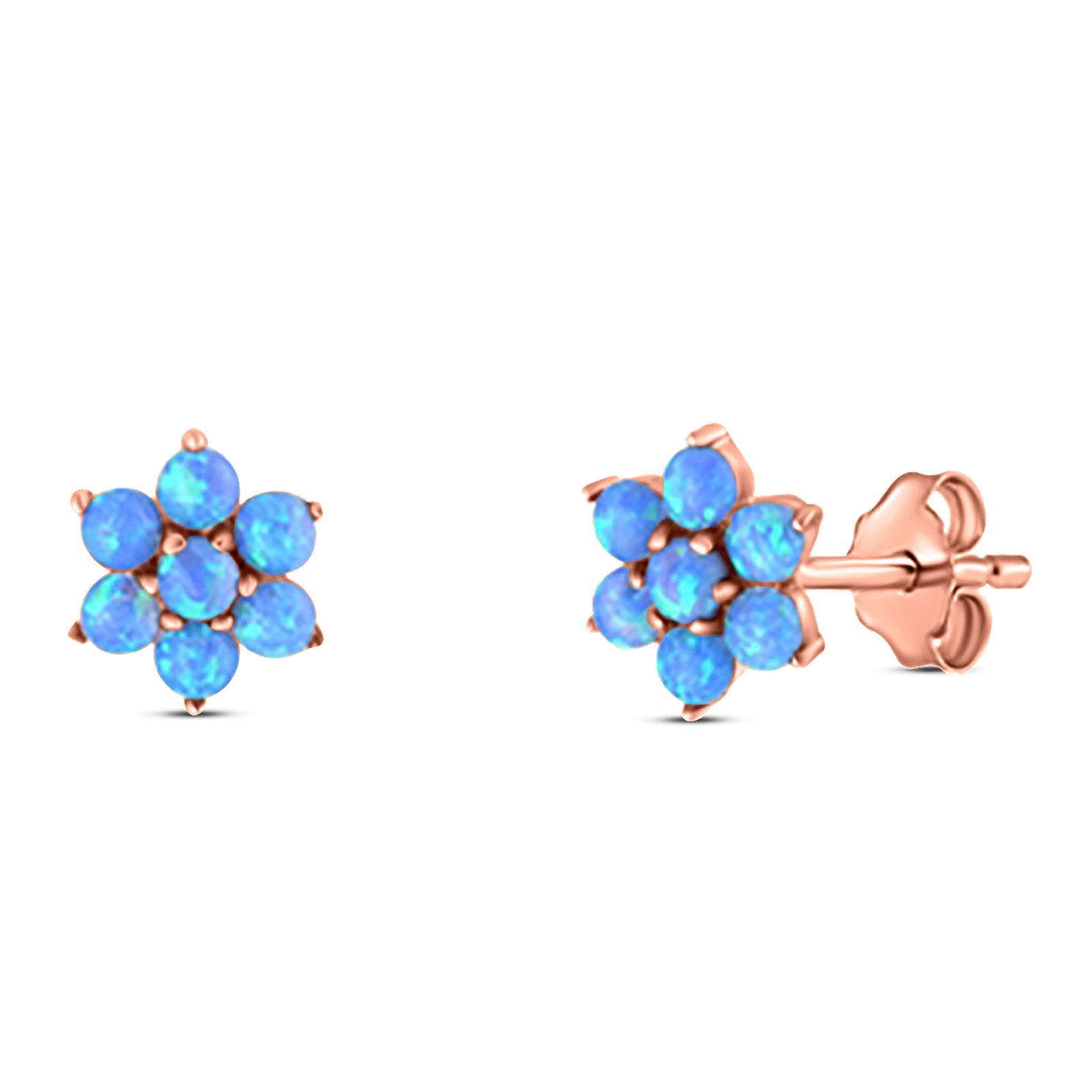 Art Deco Round Flower Design Stud Earring Created Opal Solid 925 Sterling Silver (6.3mm)